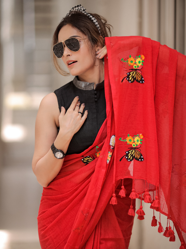 Hashtag Haute (Hand Embroidery Mul Mul Cotton Saree)