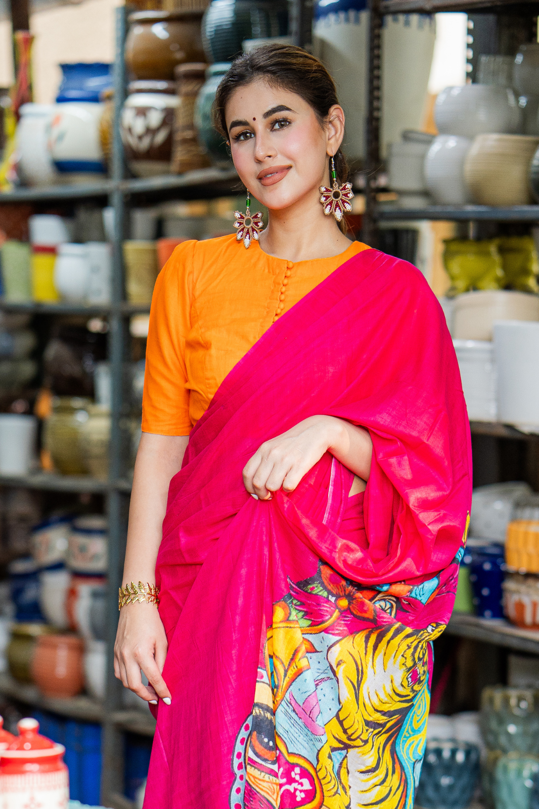 Ethnic Electric Pop (Mul Cotton Saree)