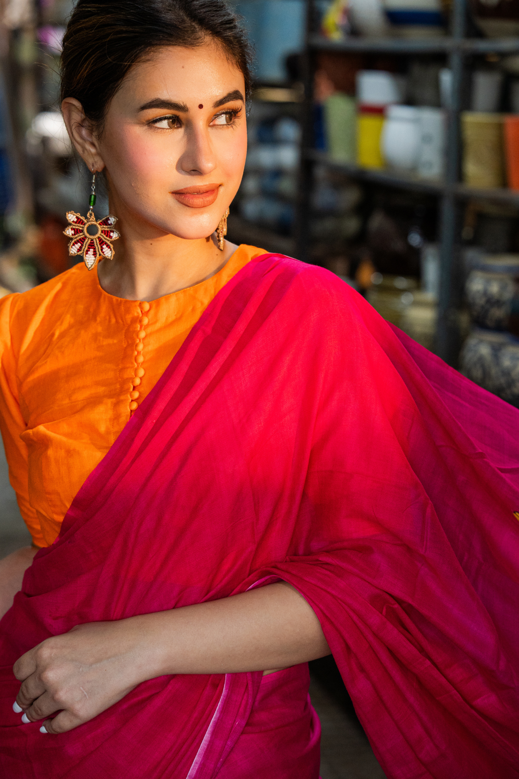 Ethnic Electric Pop (Mul Cotton Saree)