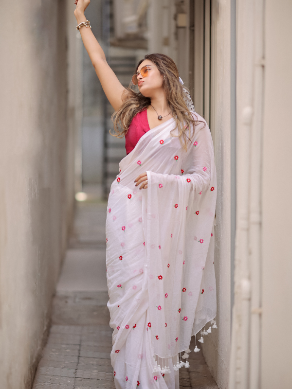 Insta Blush (Hand Embroidery Mul Mul Cotton Saree)