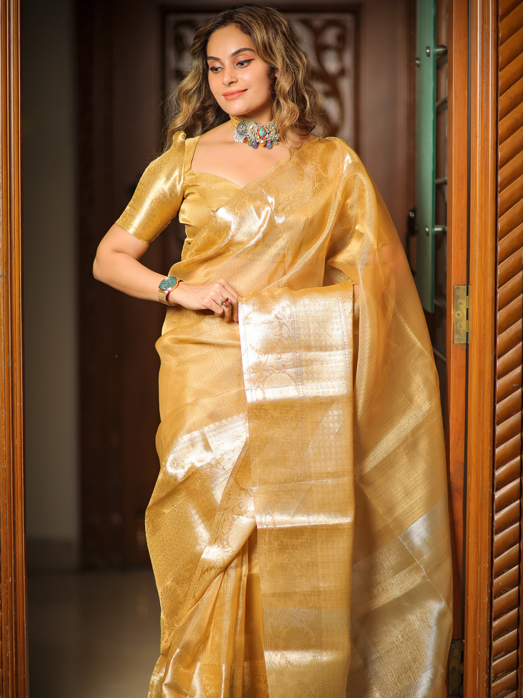 Glorious Marigold (Kora Tissue Silk Saree + Unstitched Blouse Piece)