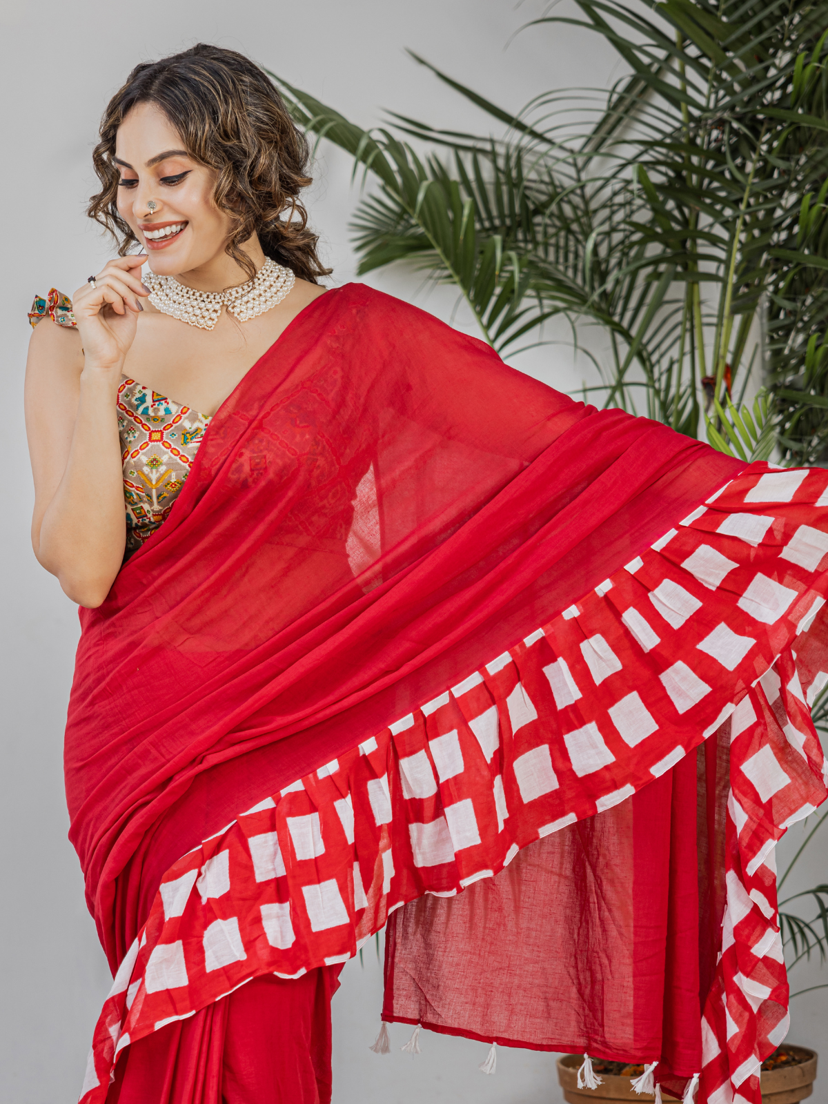 Red Frill Checked (Pure Mul Cotton Saree)