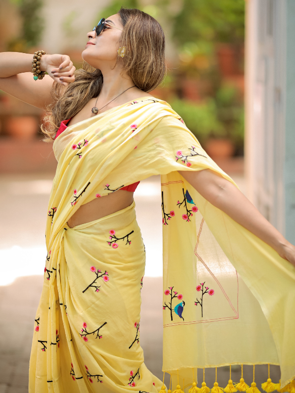 Trending Texture (Hand Embroidery Mul Mul Cotton Saree)