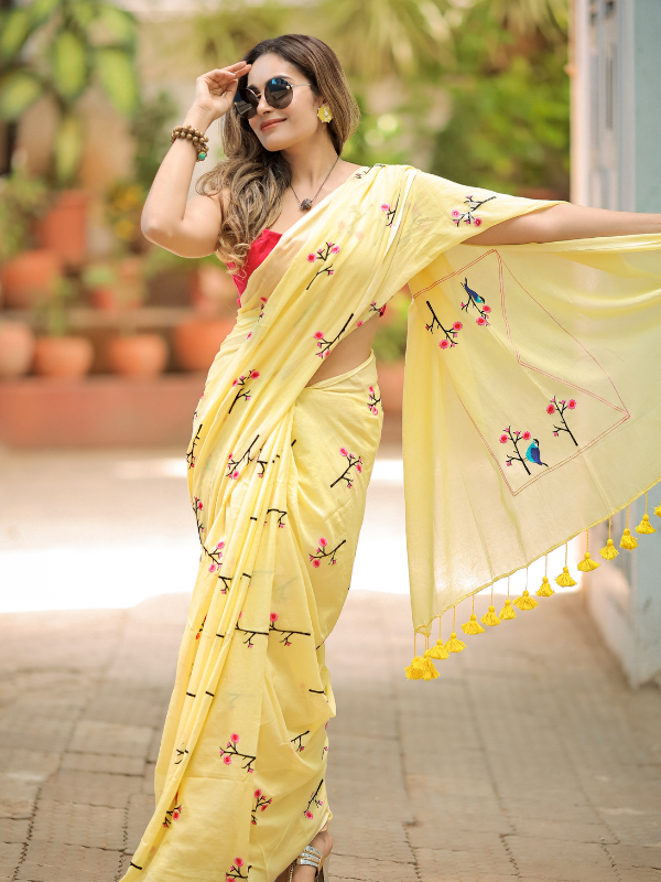 Trending Texture (Hand Embroidery Mul Mul Cotton Saree)