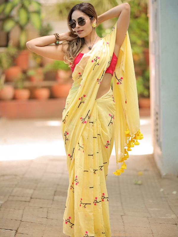 Trending Texture (Hand Embroidery Mul Mul Cotton Saree)