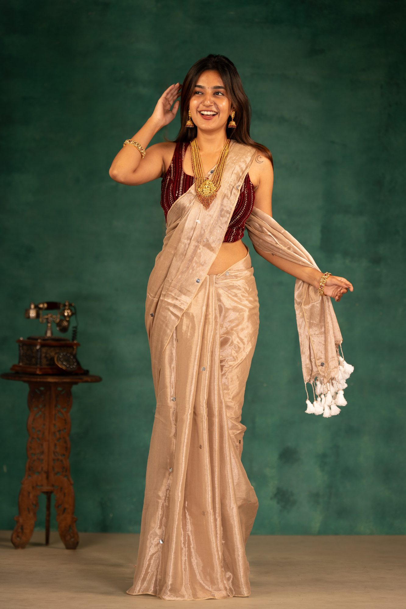 Moonlit Sandal Pearls (Tissue Mul Cotton Saree)