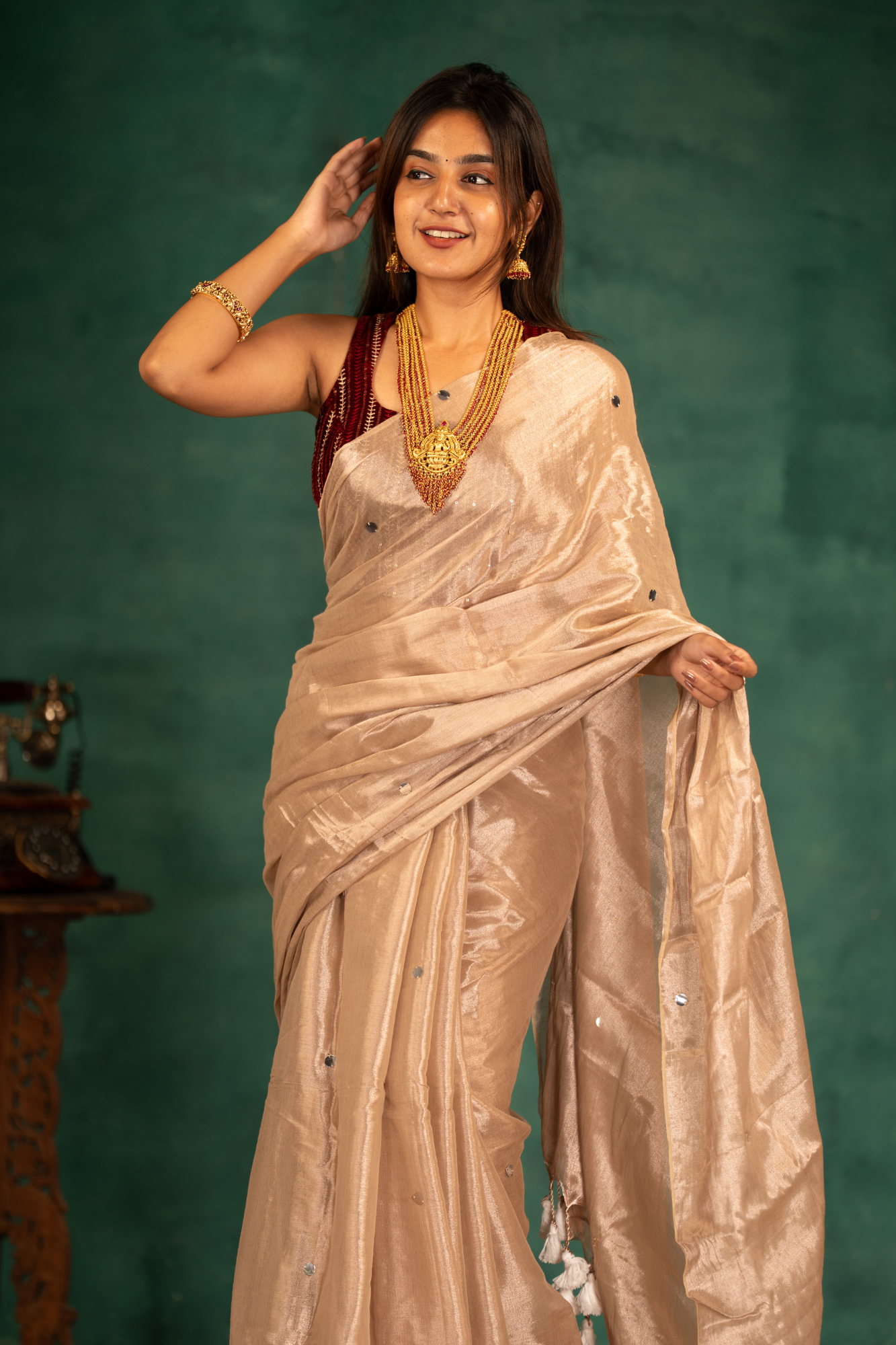 Moonlit Sandal Pearls (Tissue Mul Cotton Saree)