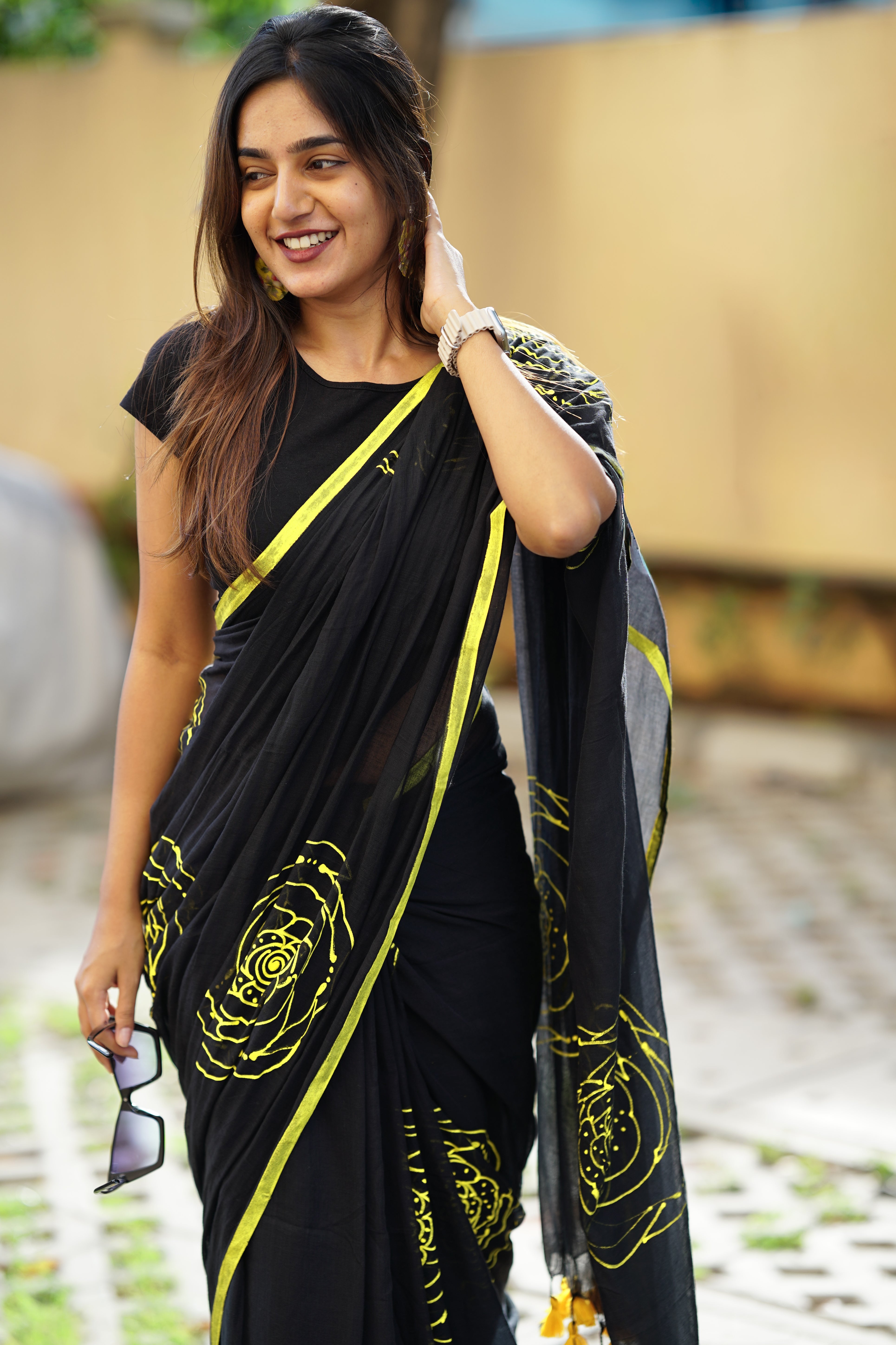 Midnight Neon Bloom (Mul Cotton Saree)