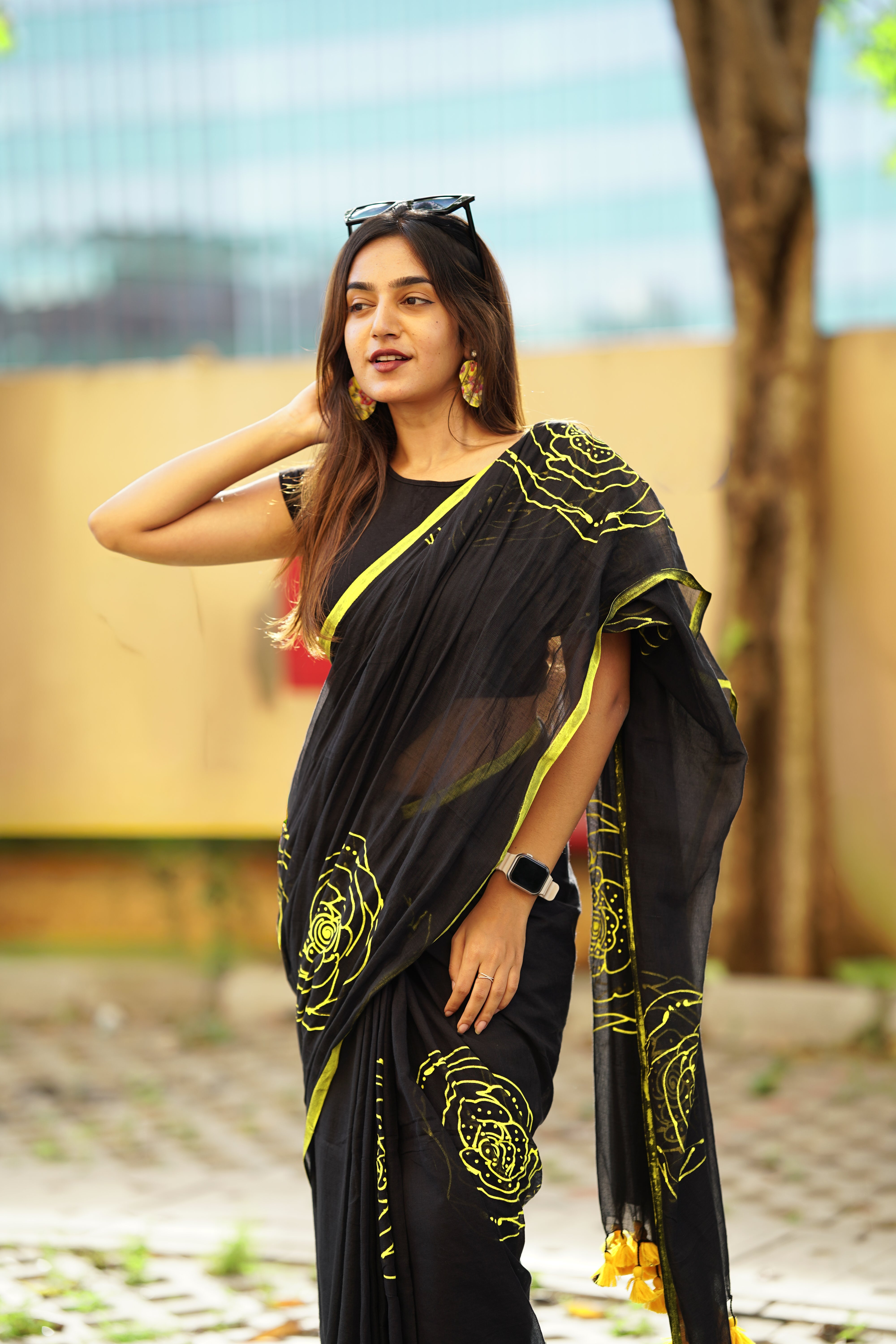 Midnight Neon Bloom (Mul Cotton Saree)