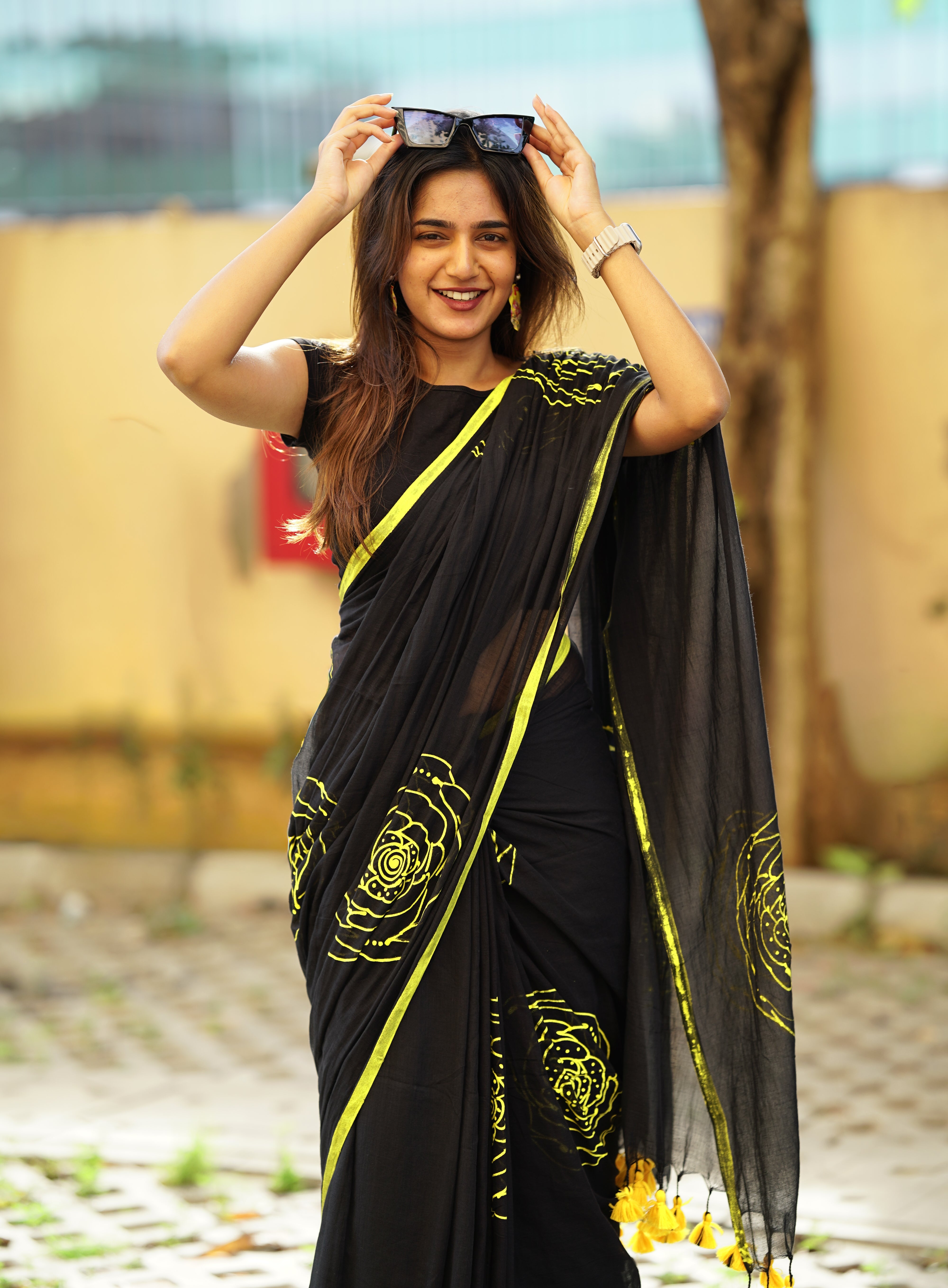 Midnight Neon Bloom (Mul Cotton Saree)