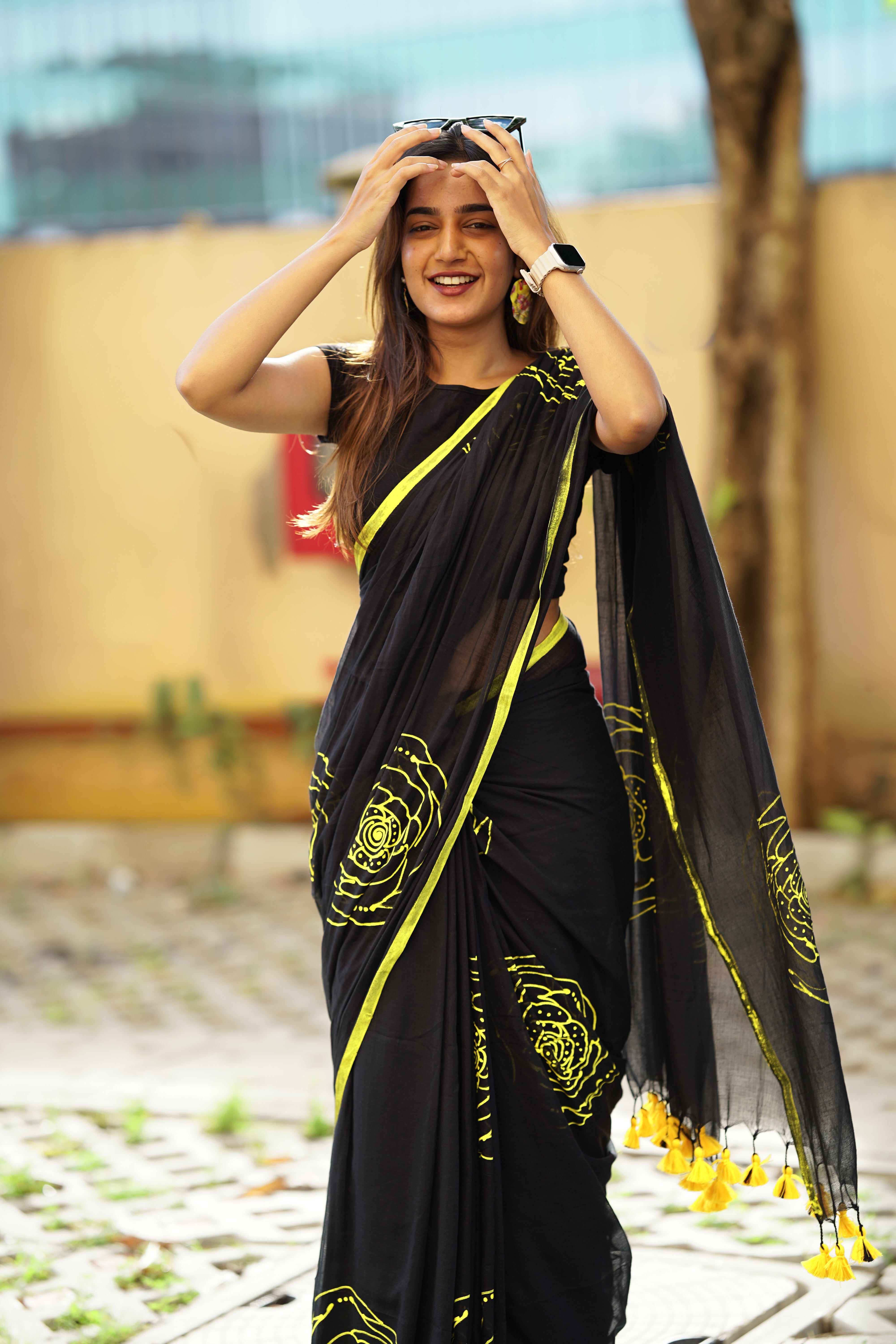 Midnight Neon Bloom (Mul Cotton Saree)