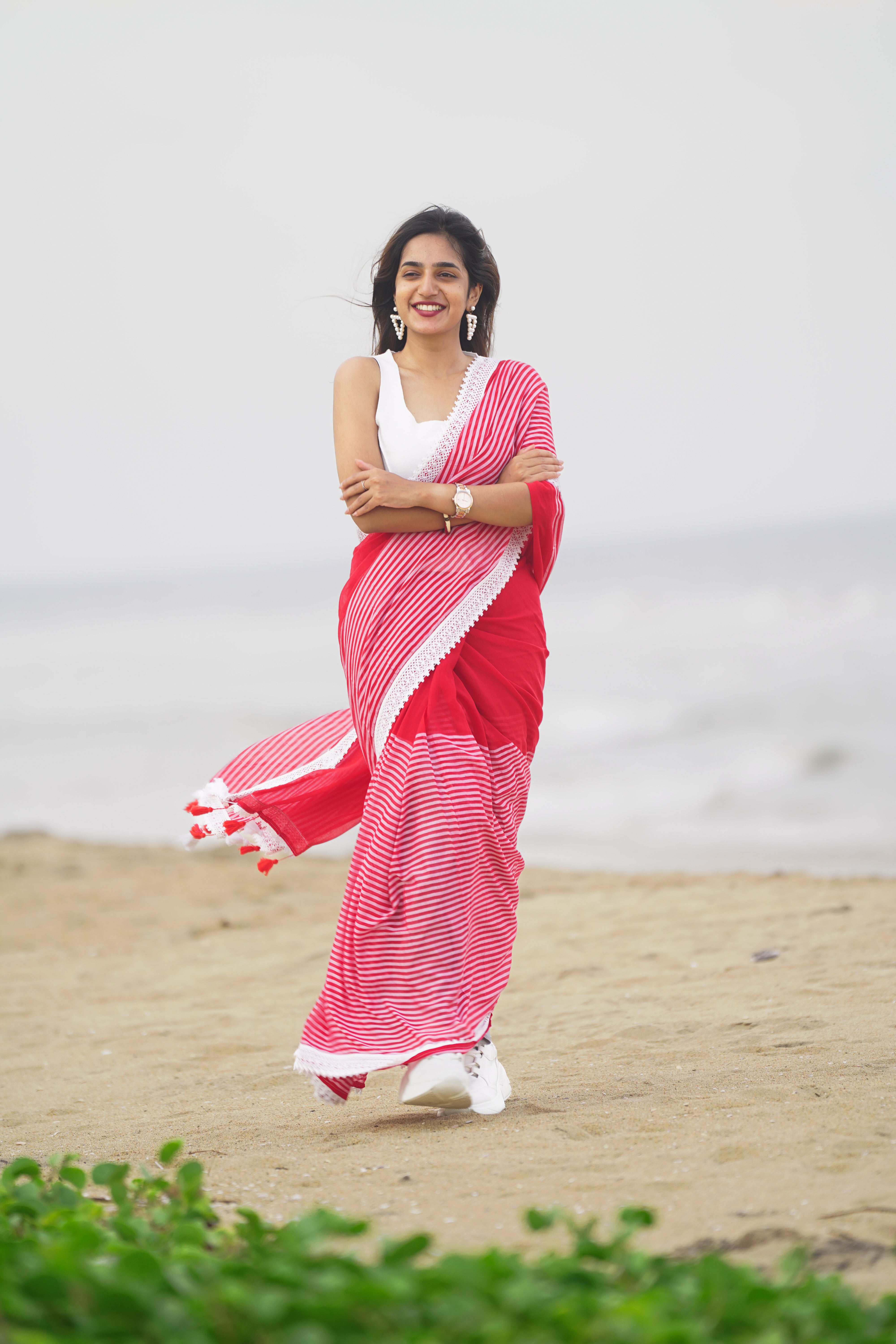 Scarlet Striped Serenade (Mul Cotton Saree)