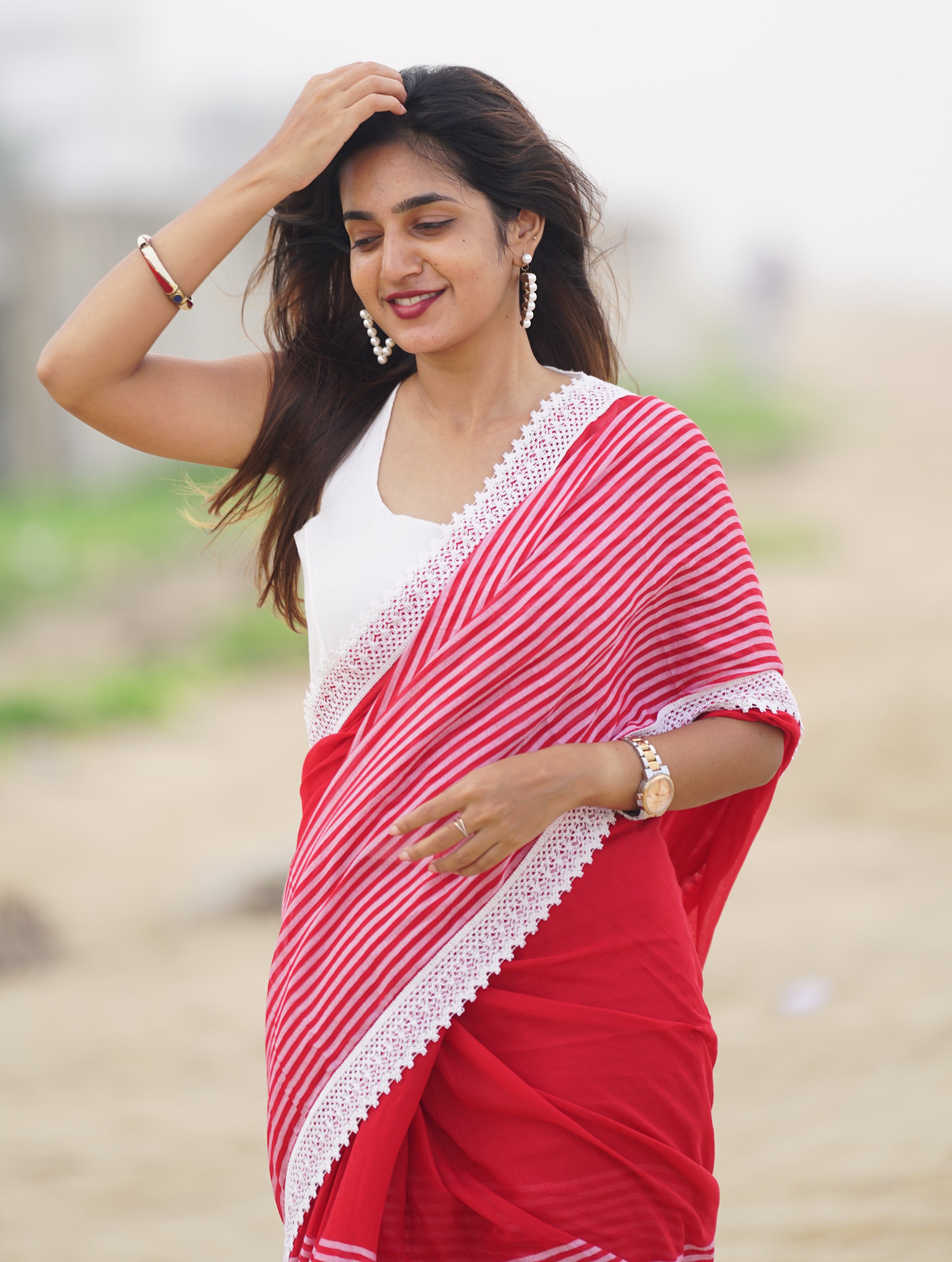 Scarlet Striped Serenade (Mul Cotton Saree)