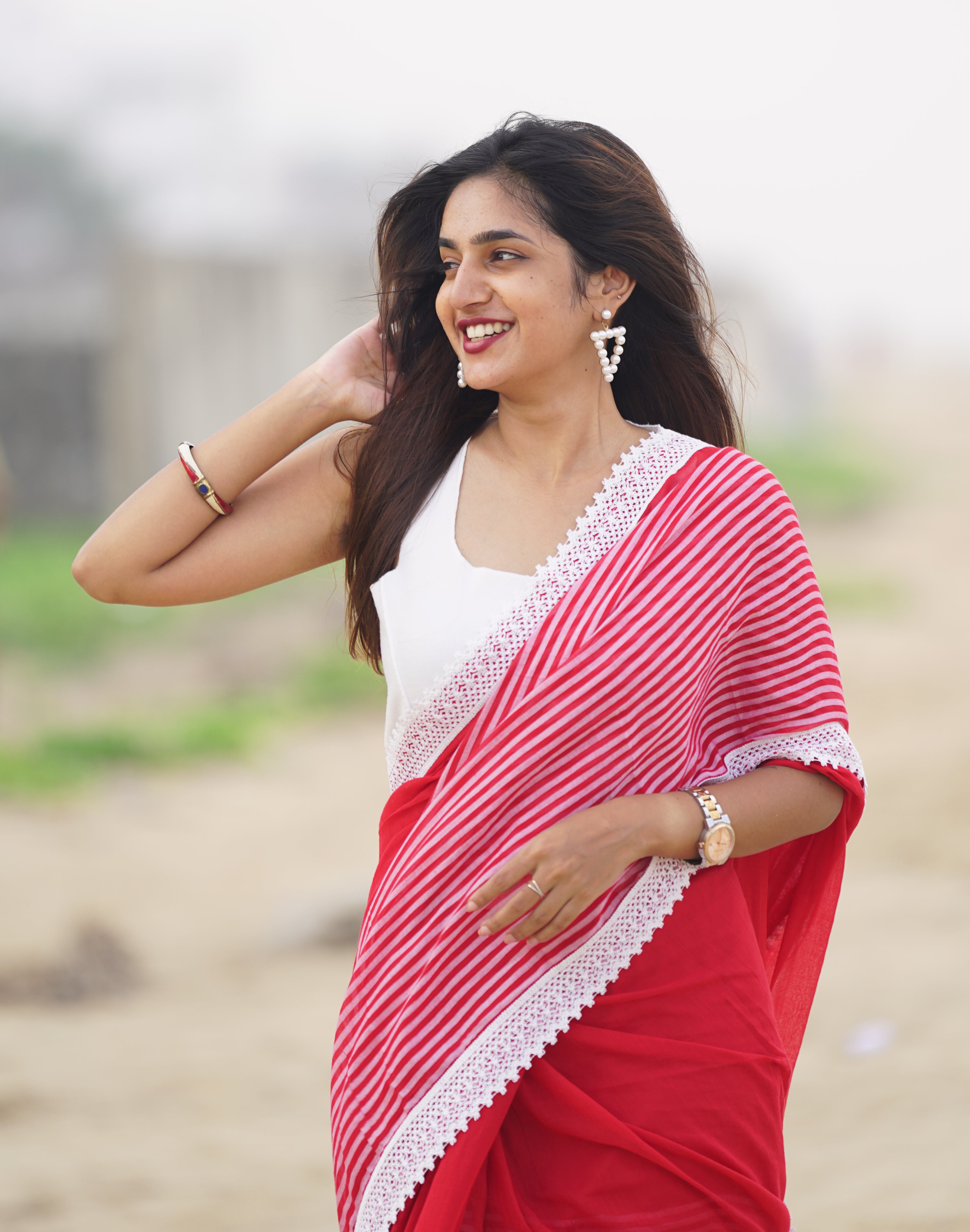 Scarlet Striped Serenade (Mul Cotton Saree)