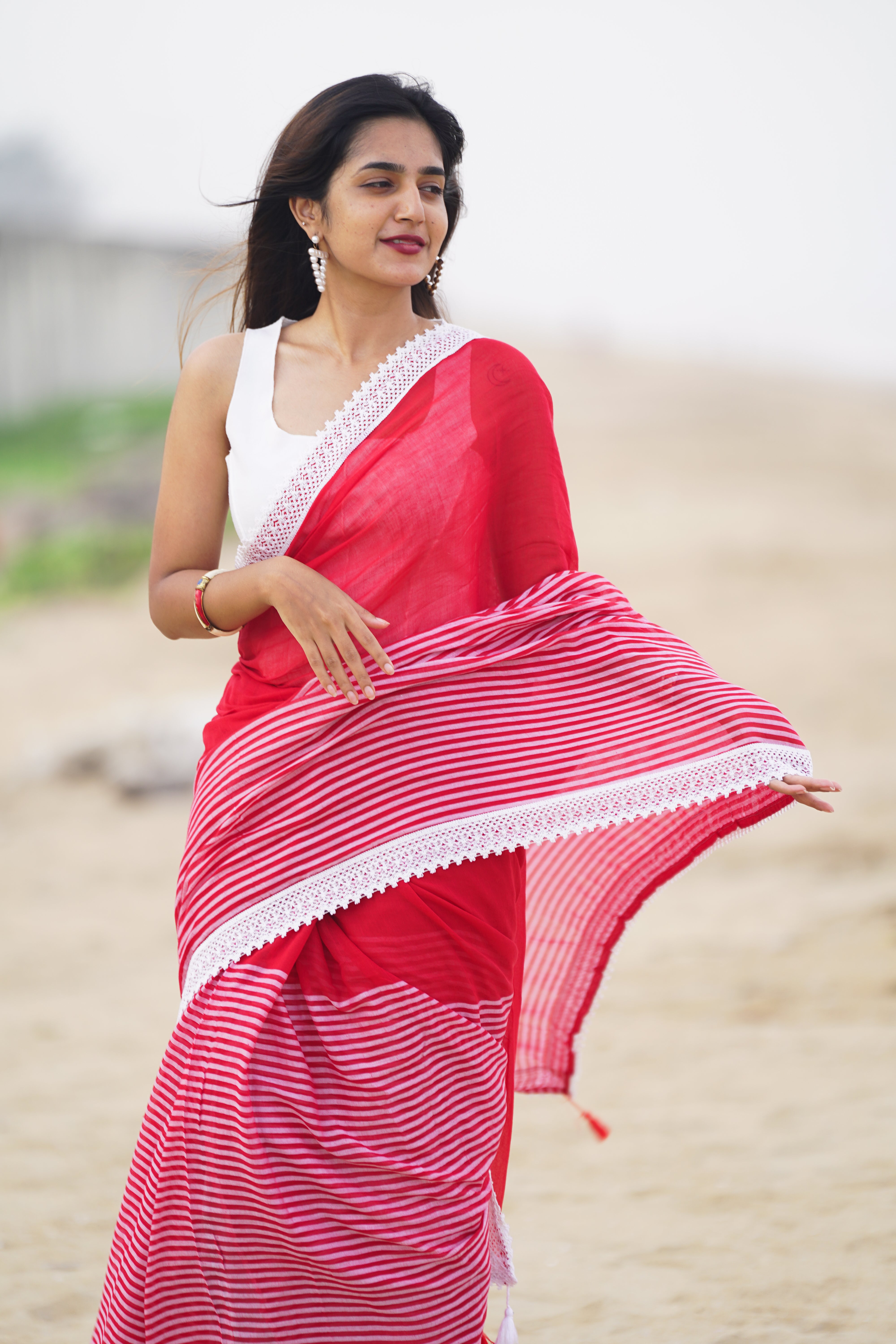 Scarlet Striped Serenade (Mul Cotton Saree)