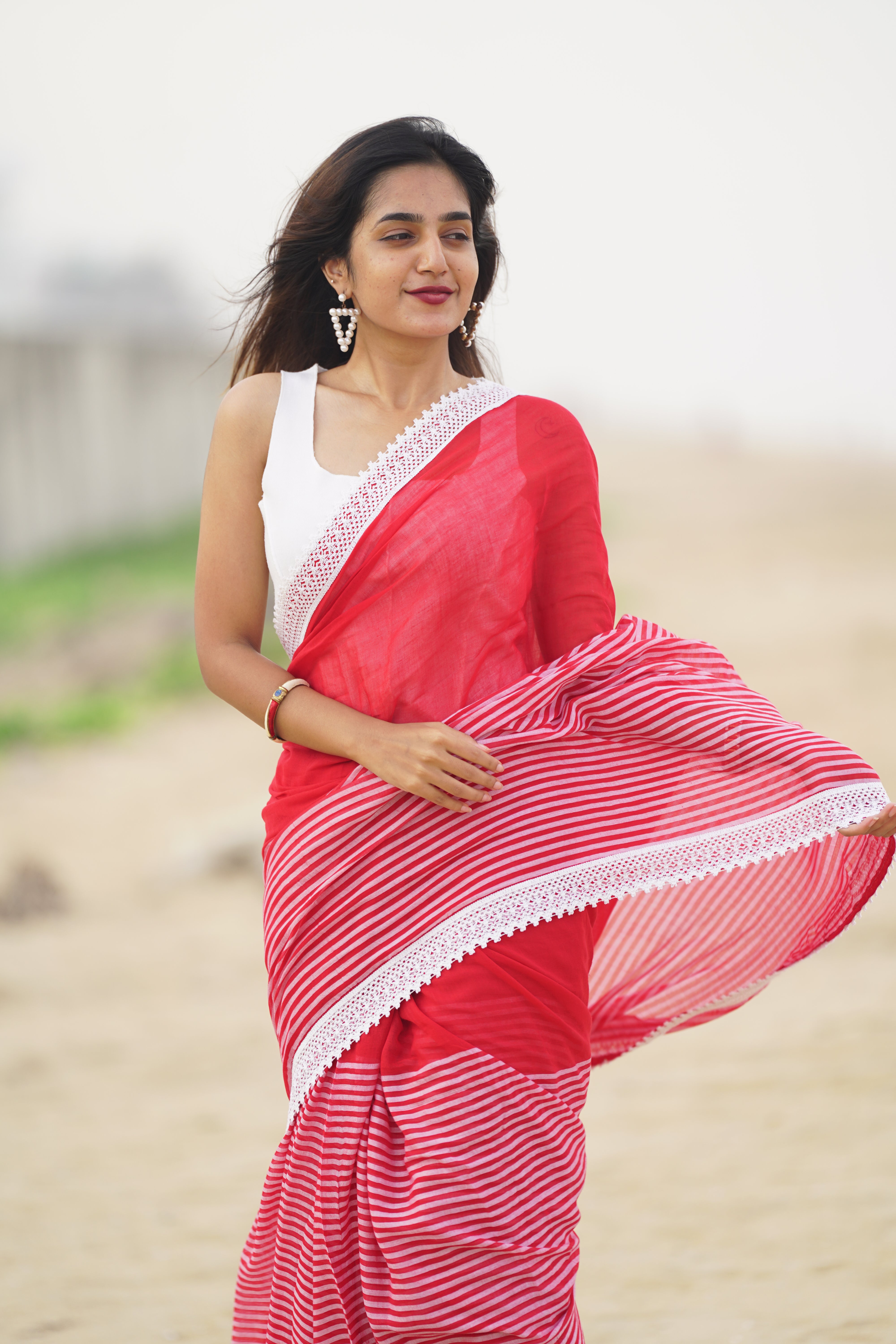 Scarlet Striped Serenade (Mul Cotton Saree)