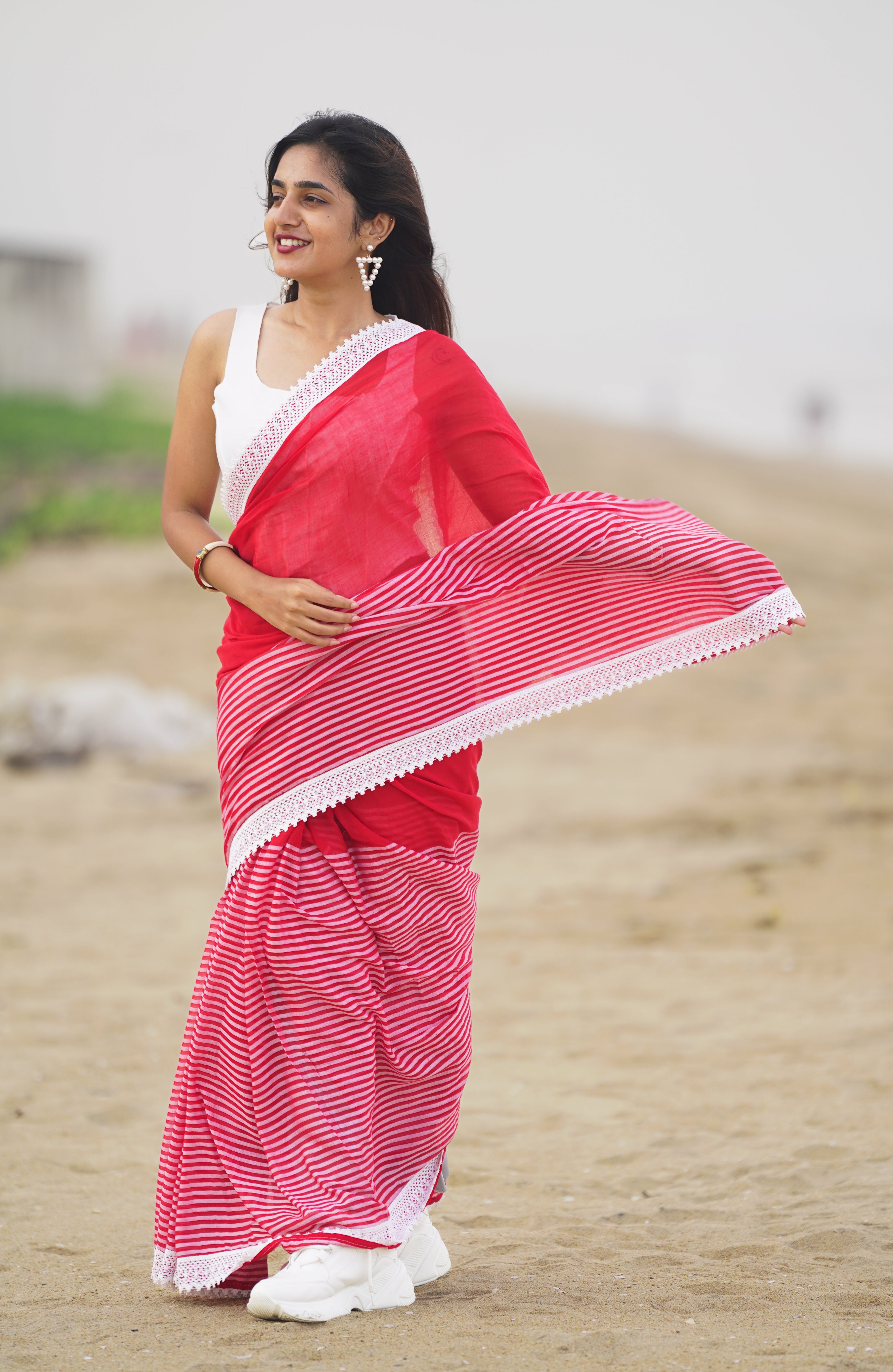 Scarlet Striped Serenade (Mul Cotton Saree)
