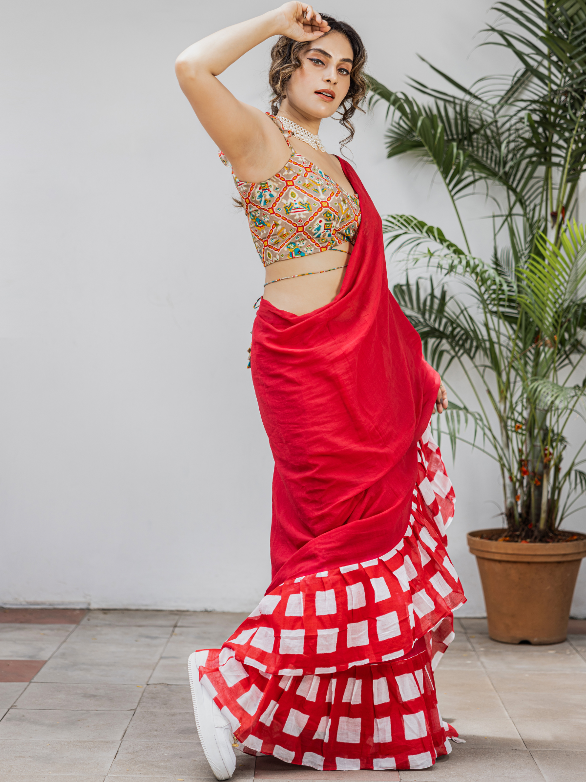 Red Frill Checked (Pure Mul Cotton Saree)