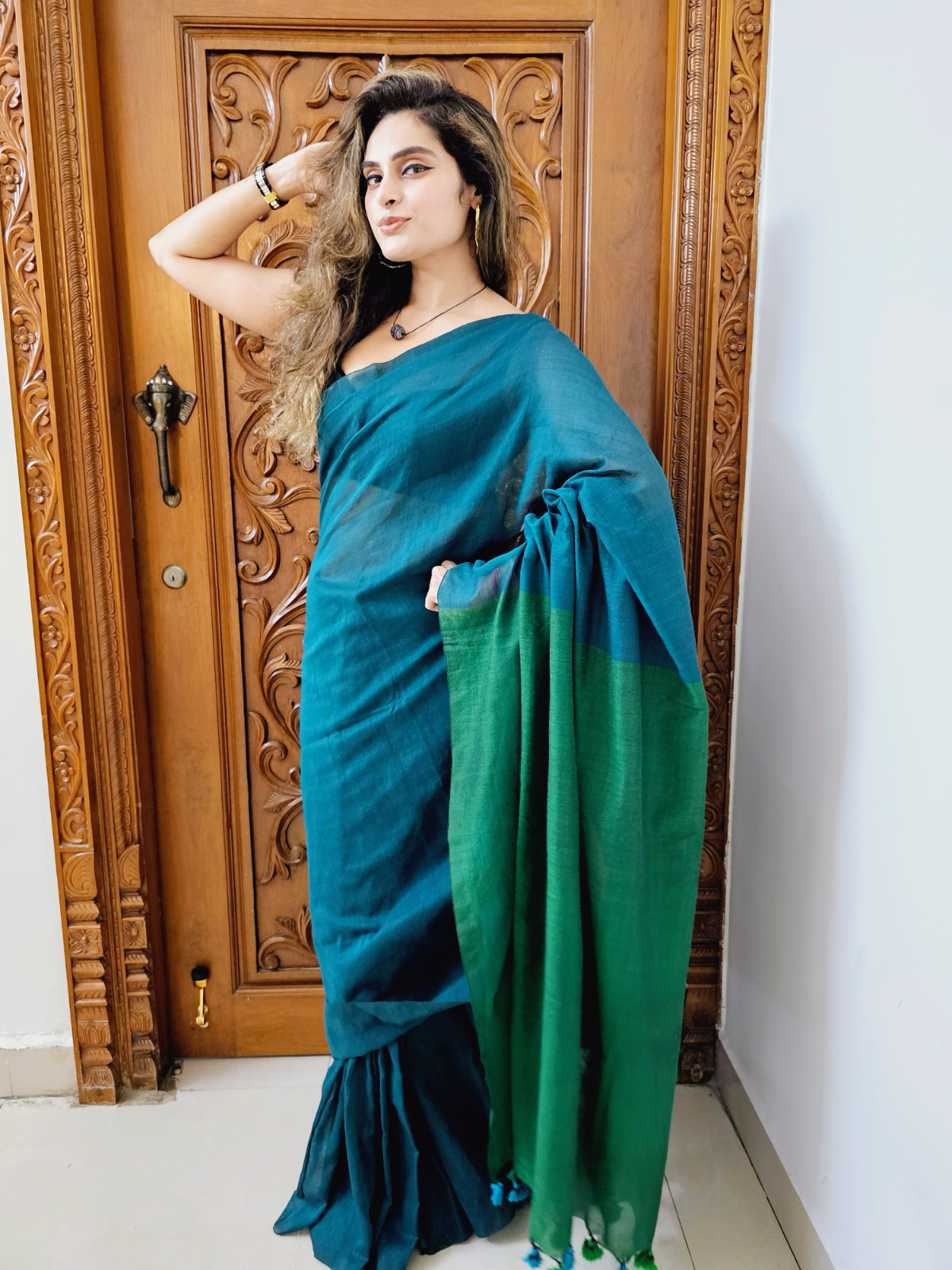 Emerald Cascade (Pure Mul Cotton Saree)