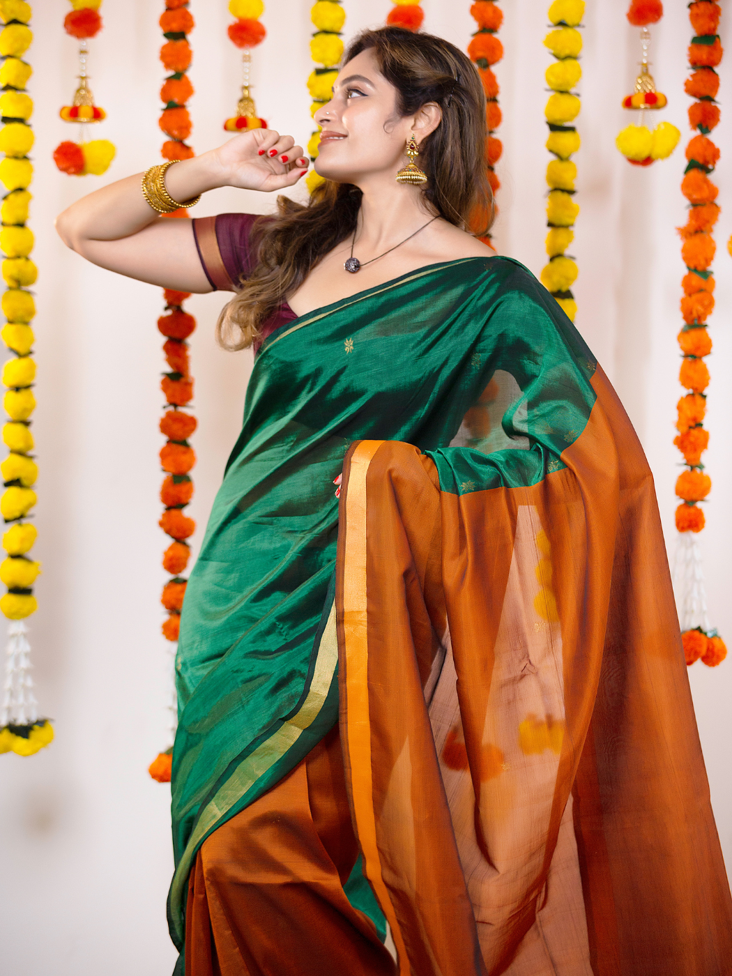 Buy Green & orange Sarees for Women by AWESOME Online | Ajio.com