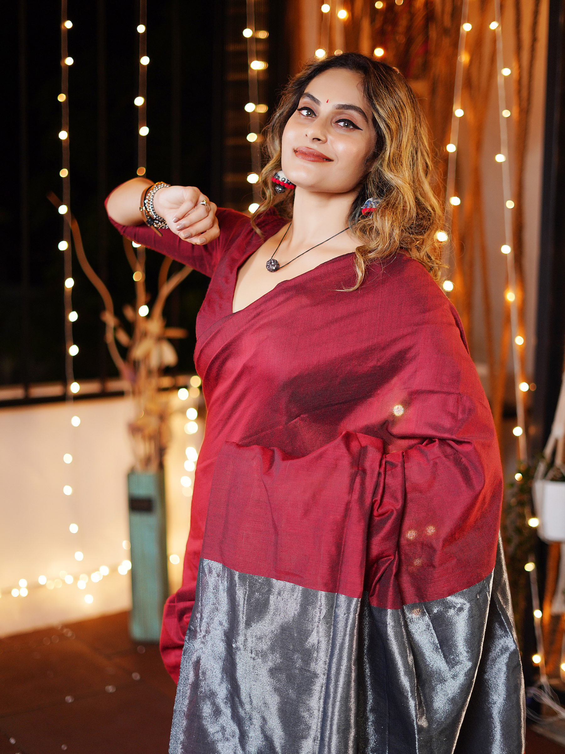 Merlot Maroon (Handwoven Cotton Tissue Saree + Unstitched Blouse Piece)