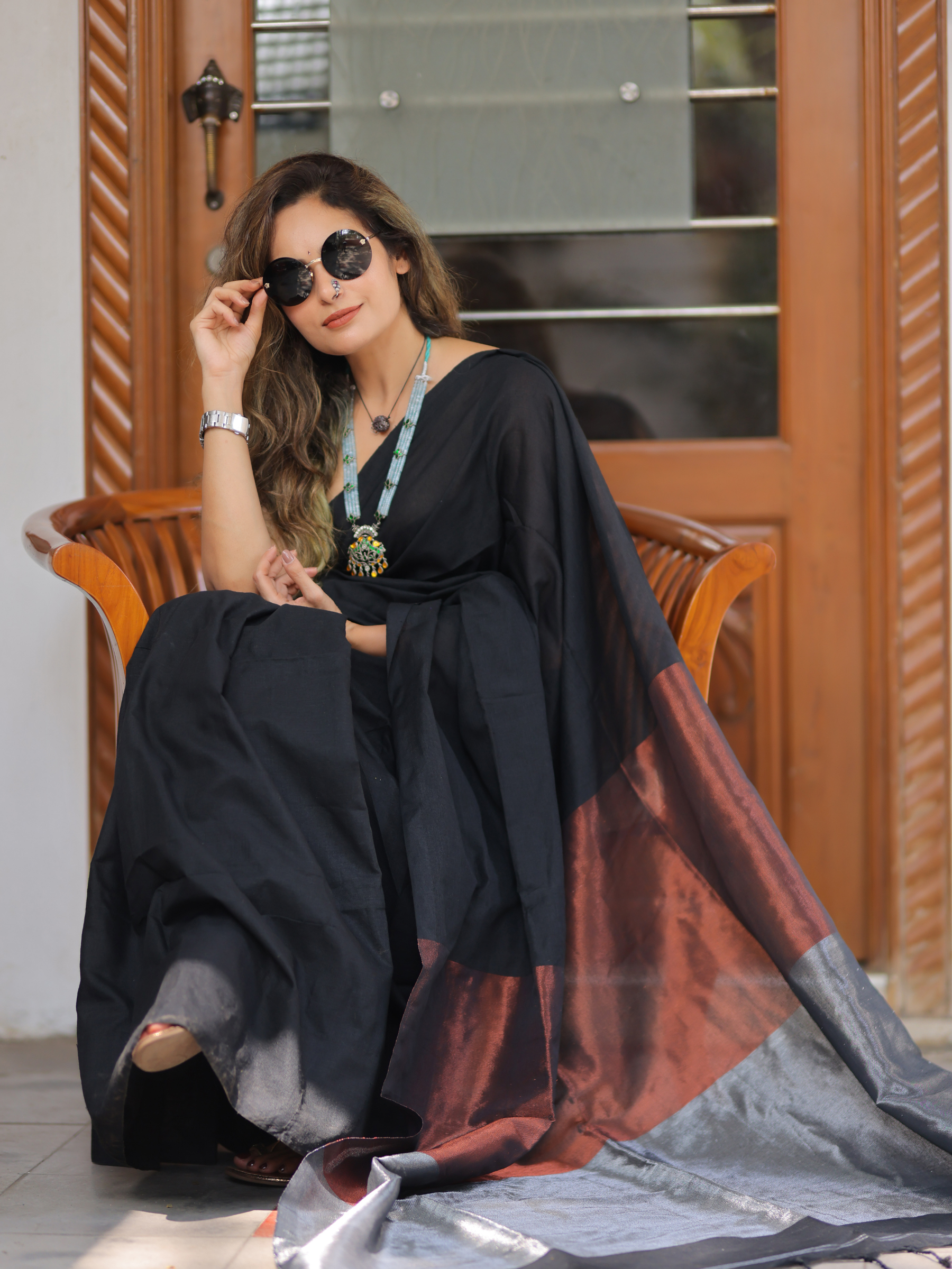 Black Martini (Handwoven Cotton Tissue Saree + Unstitched Blouse Piece)