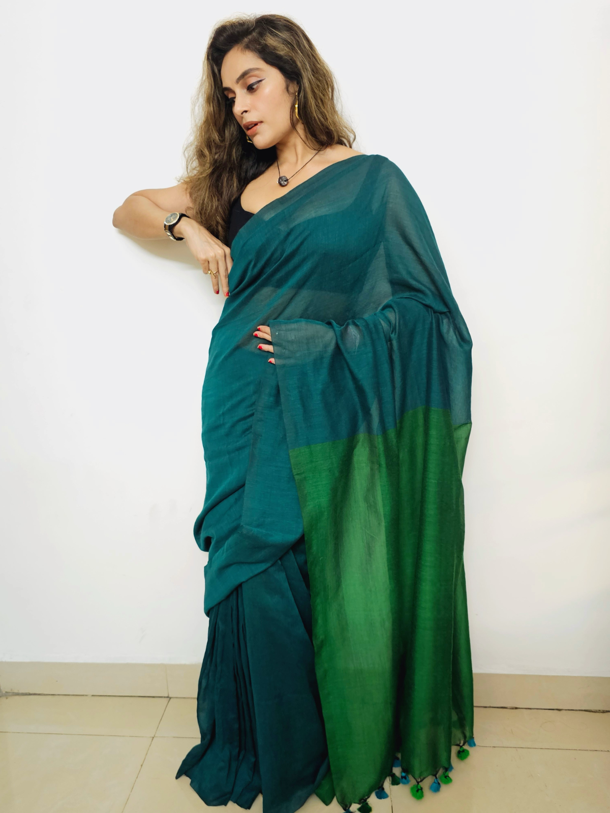 Emerald Cascade (Pure Mul Cotton Saree)