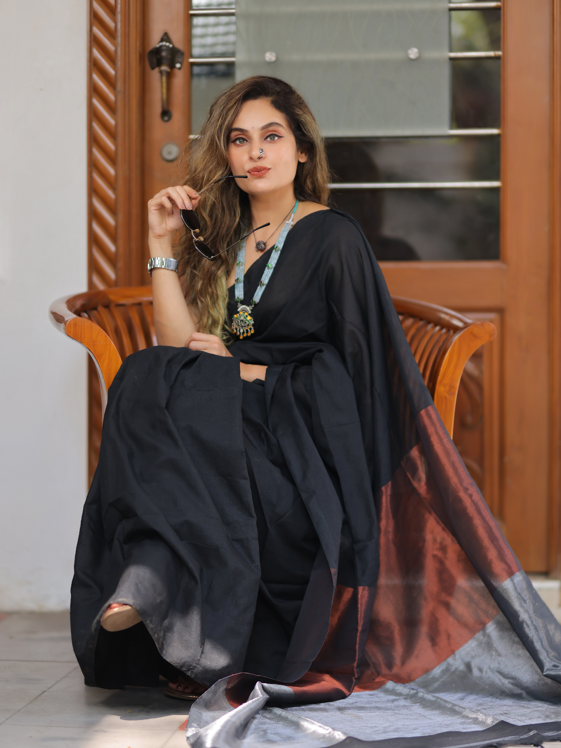 Black Martini (Handwoven Cotton Tissue Saree + Unstitched Blouse Piece)