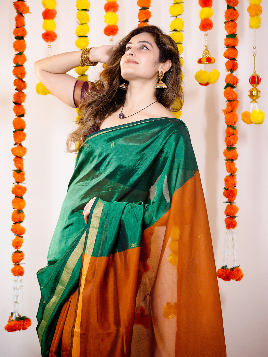 Orange with Copper Pattu Silk Saree with All Over Beautiful Floral Jac -  House of Begum's