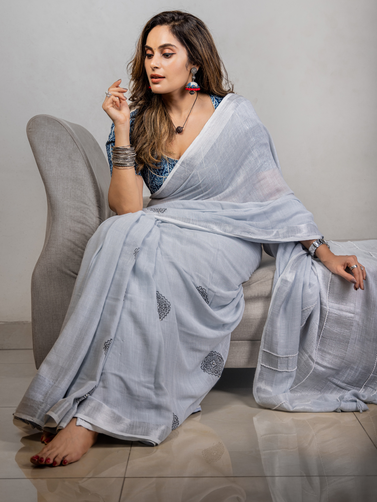 Light Blue Linen Saree With Zari | Womens fashion skirt, Saree dress,  Elegant blouse designs