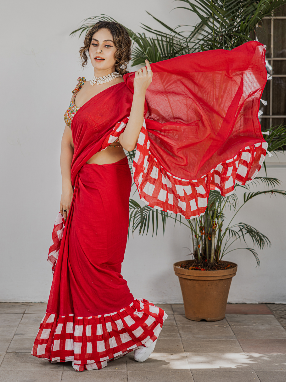 Red Frill Checked (Pure Mul Cotton Saree)