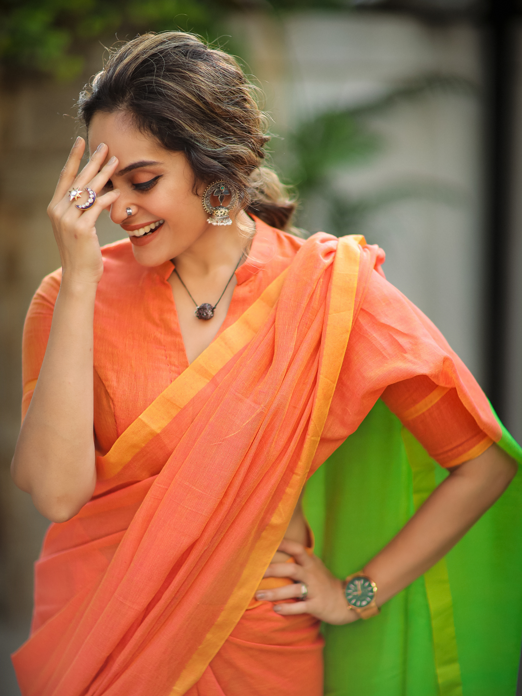 Tangerine Twist (Pure Mul Cotton Saree + Unstitched Blouse Piece)