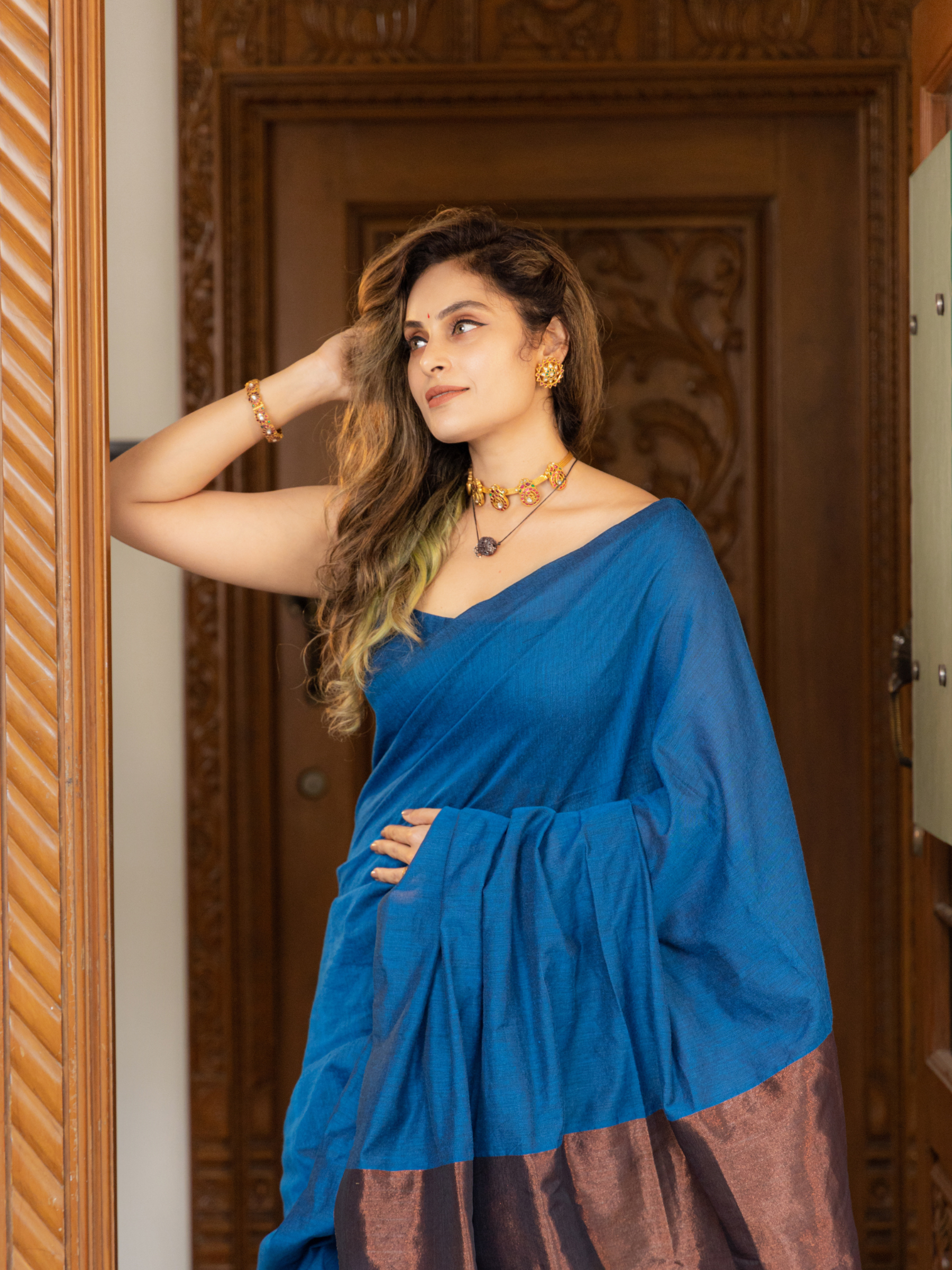 Blue Mimosa (Handwoven Cotton Tissue Saree + Unstitched Blouse Piece)