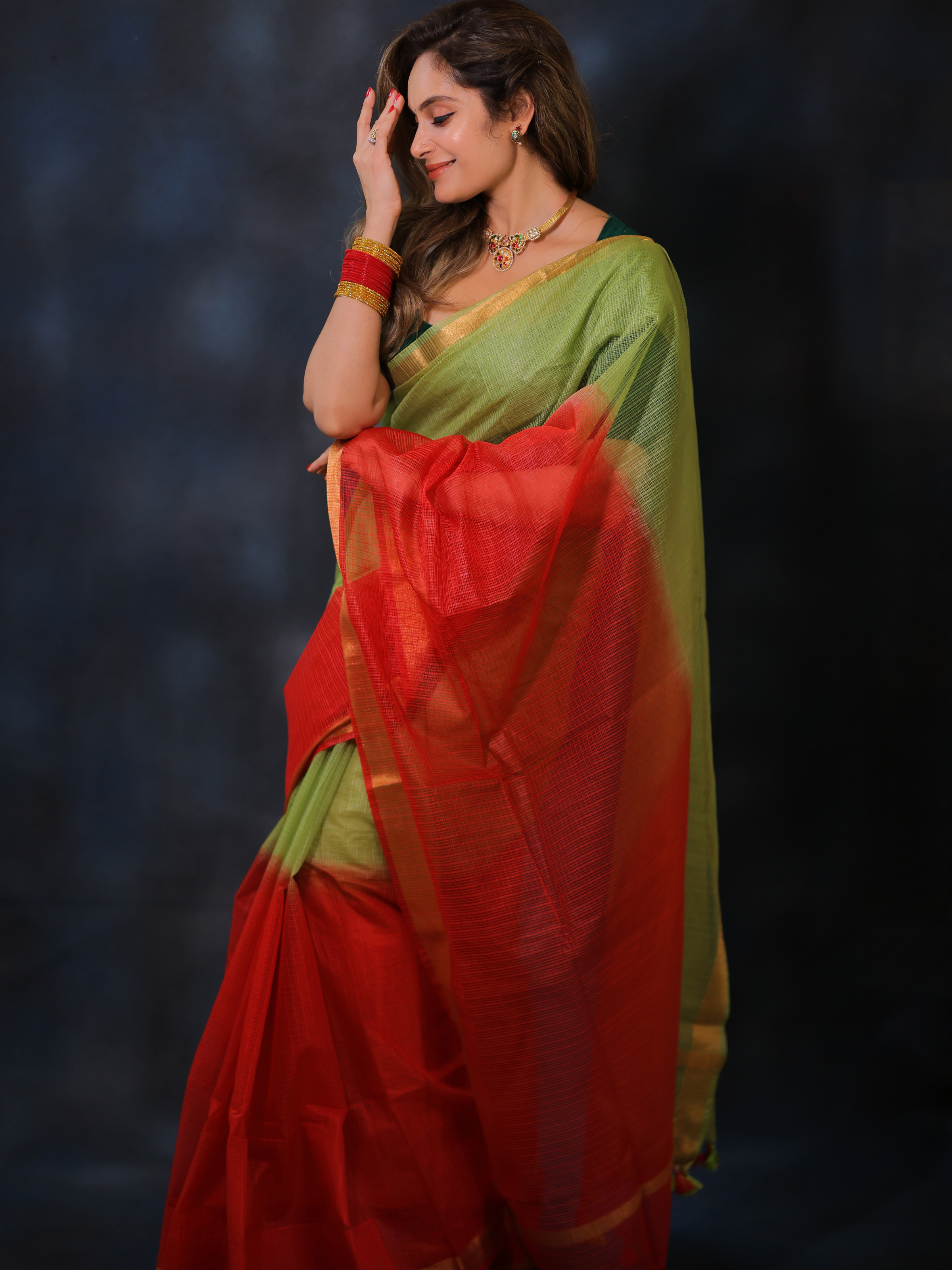 Strawberry Pistachio Delight (Kota Daria Saree + Unstitched Blouse Piece)