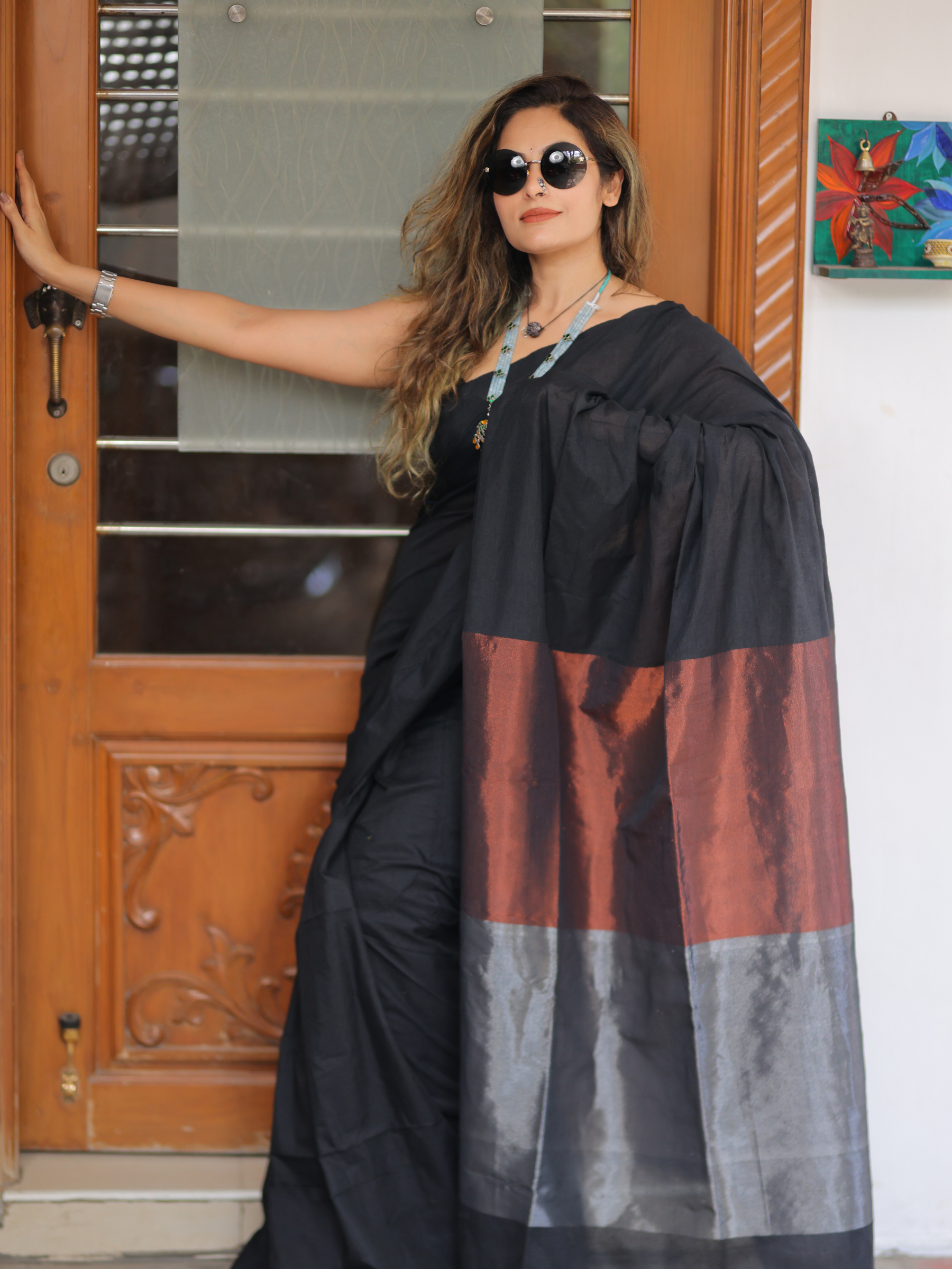 Black Martini (Handwoven Cotton Tissue Saree + Unstitched Blouse Piece)