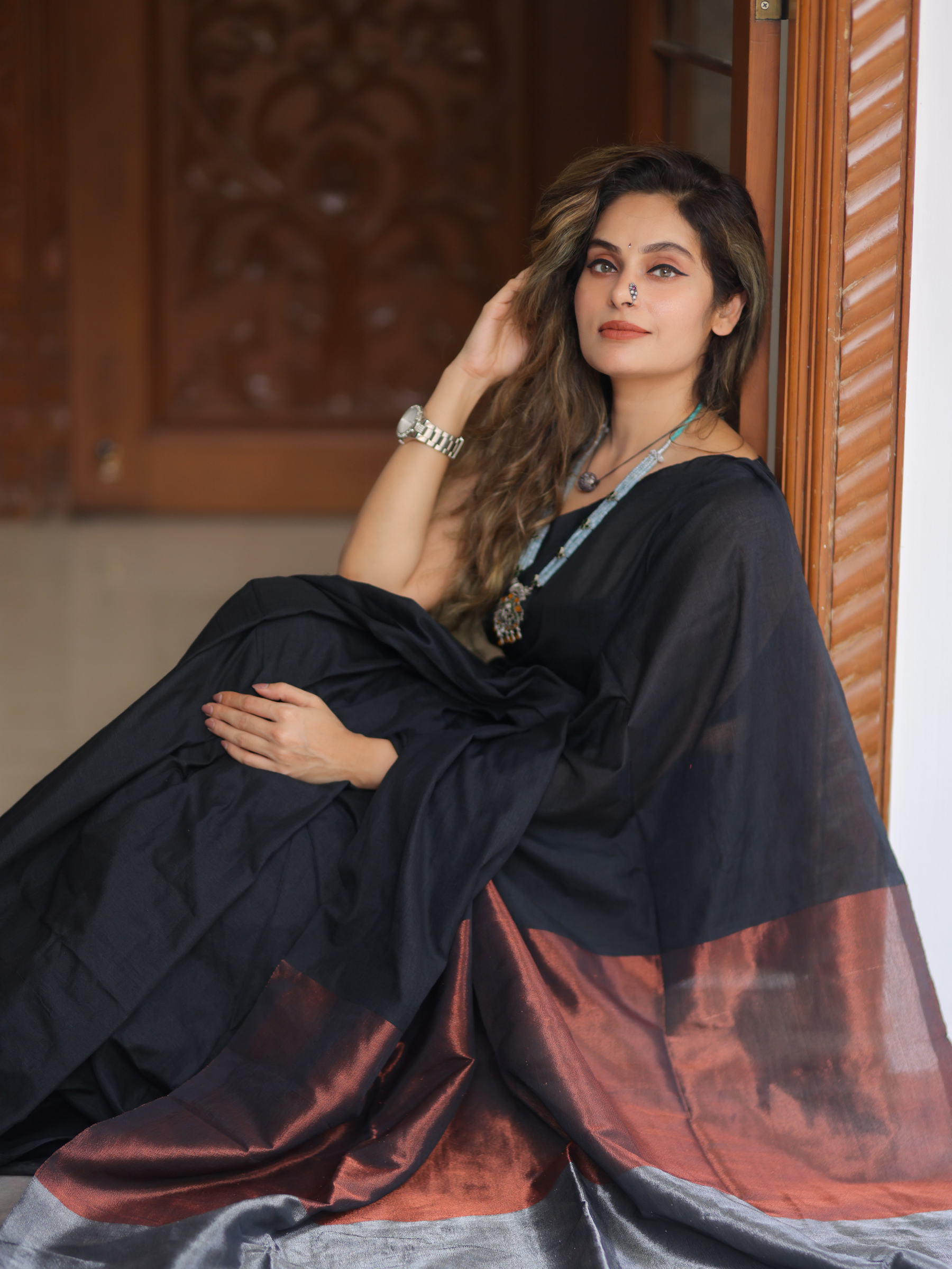 Black Martini (Handwoven Cotton Tissue Saree + Unstitched Blouse Piece)