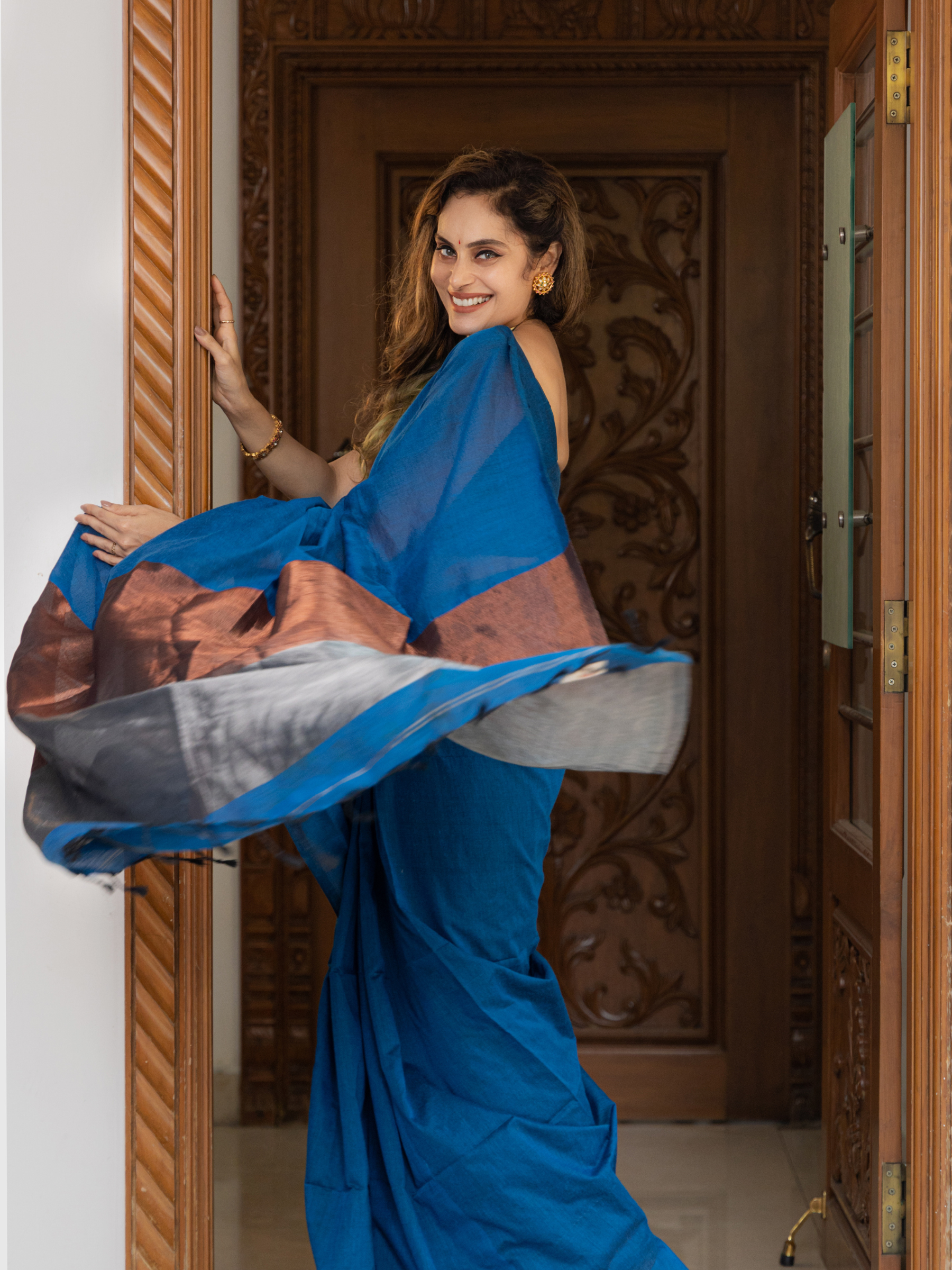 Blue Mimosa (Handwoven Cotton Tissue Saree + Unstitched Blouse Piece)