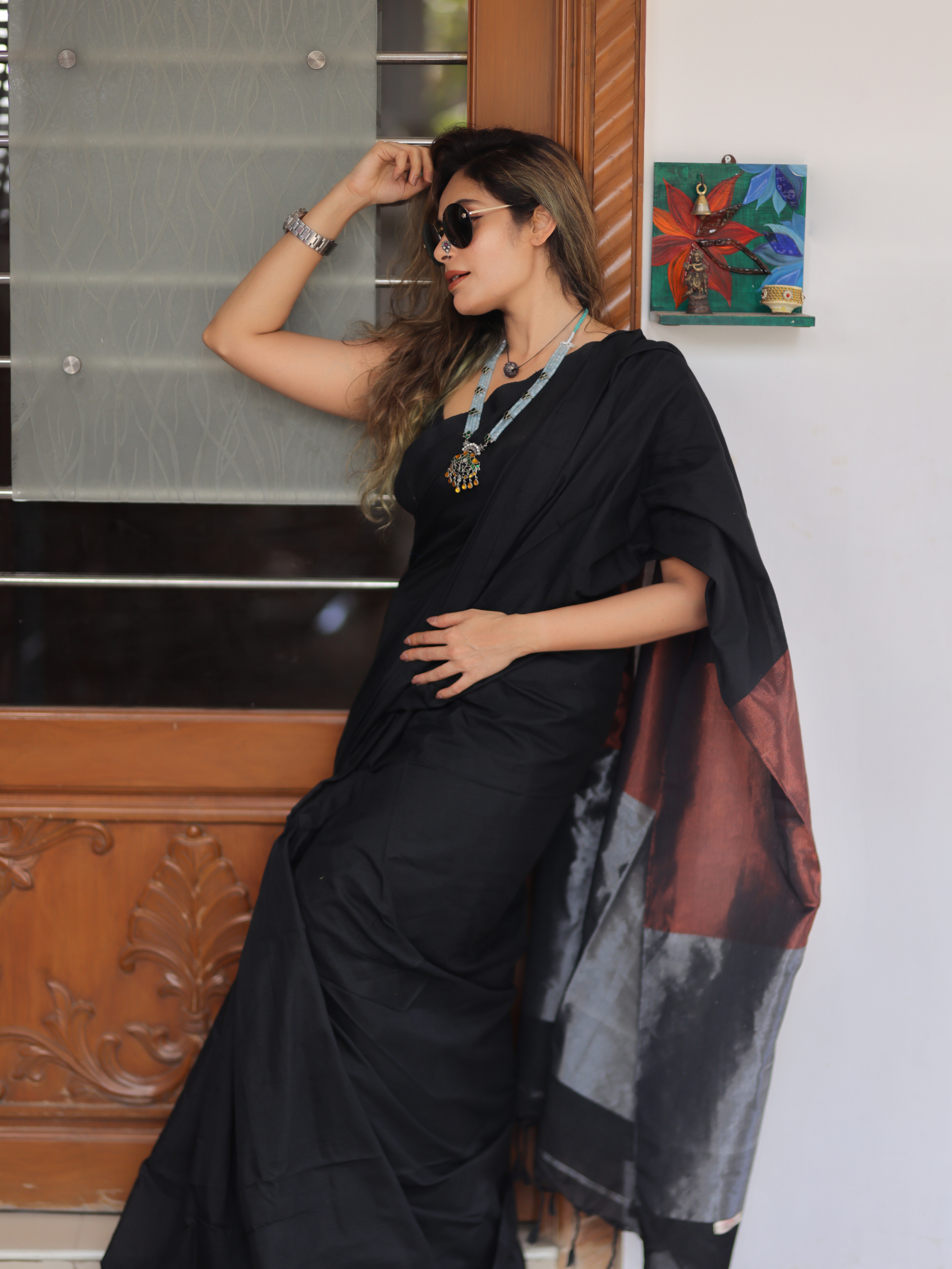 Black Martini (Handwoven Cotton Tissue Saree + Unstitched Blouse Piece)