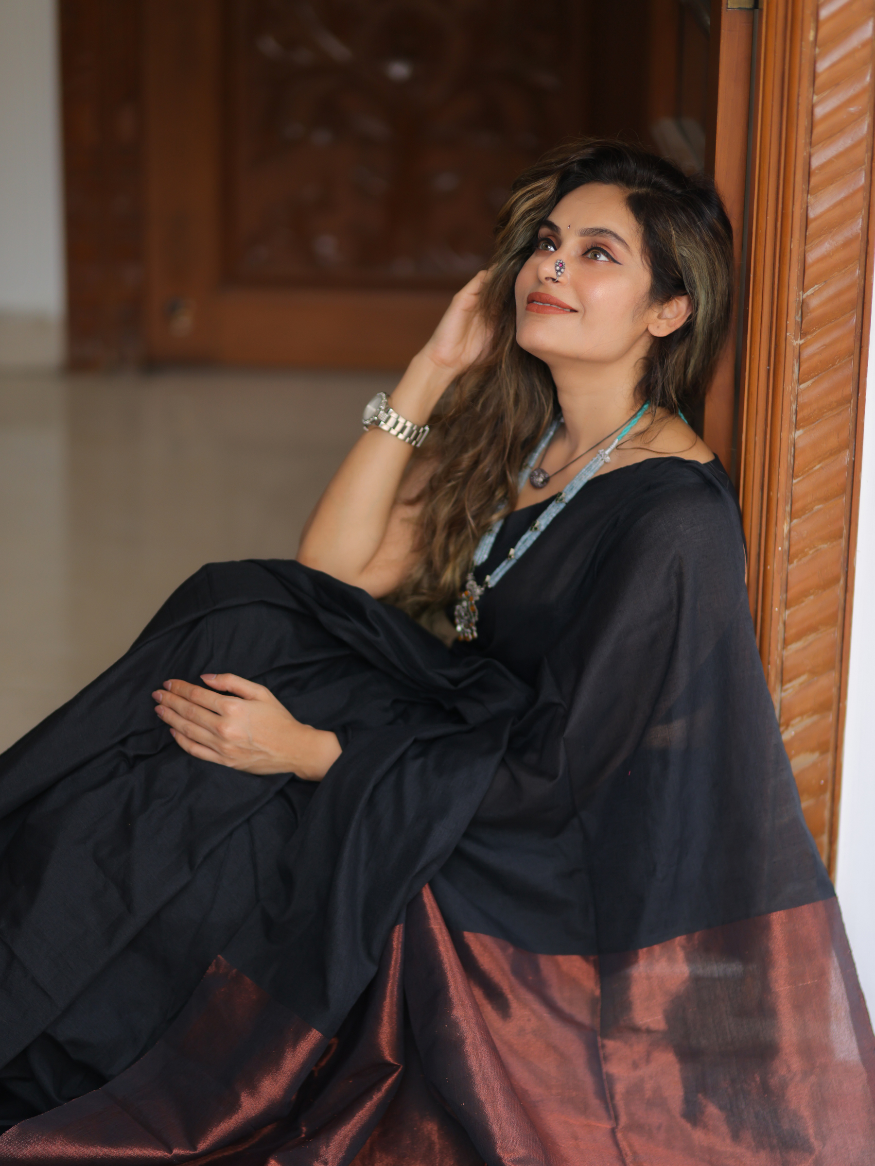 Black Martini (Handwoven Cotton Tissue Saree + Unstitched Blouse Piece)