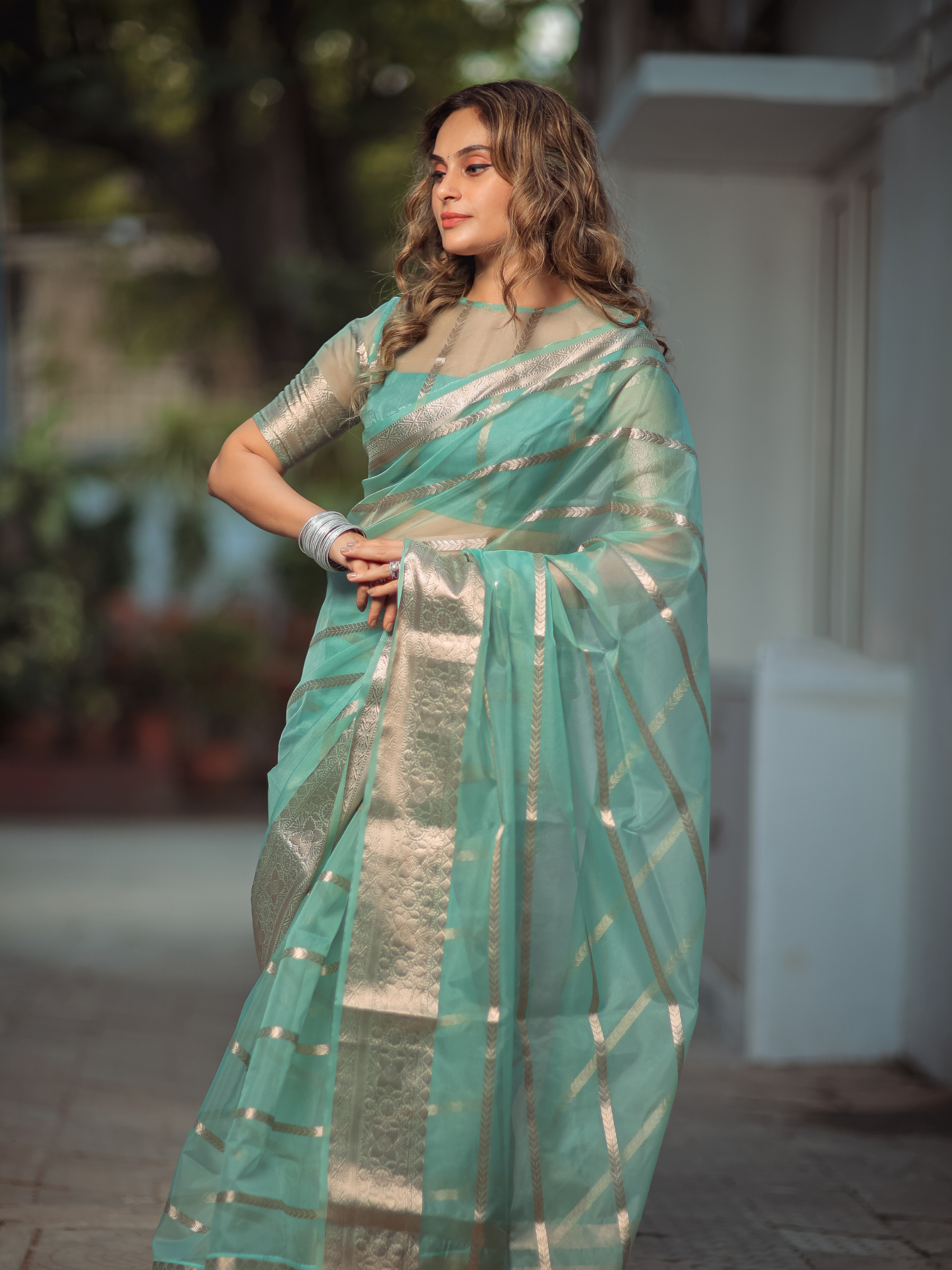 Aqua Aura (Banarasi Semi Georgette Silk Saree + Unstitched Blouse Piece)