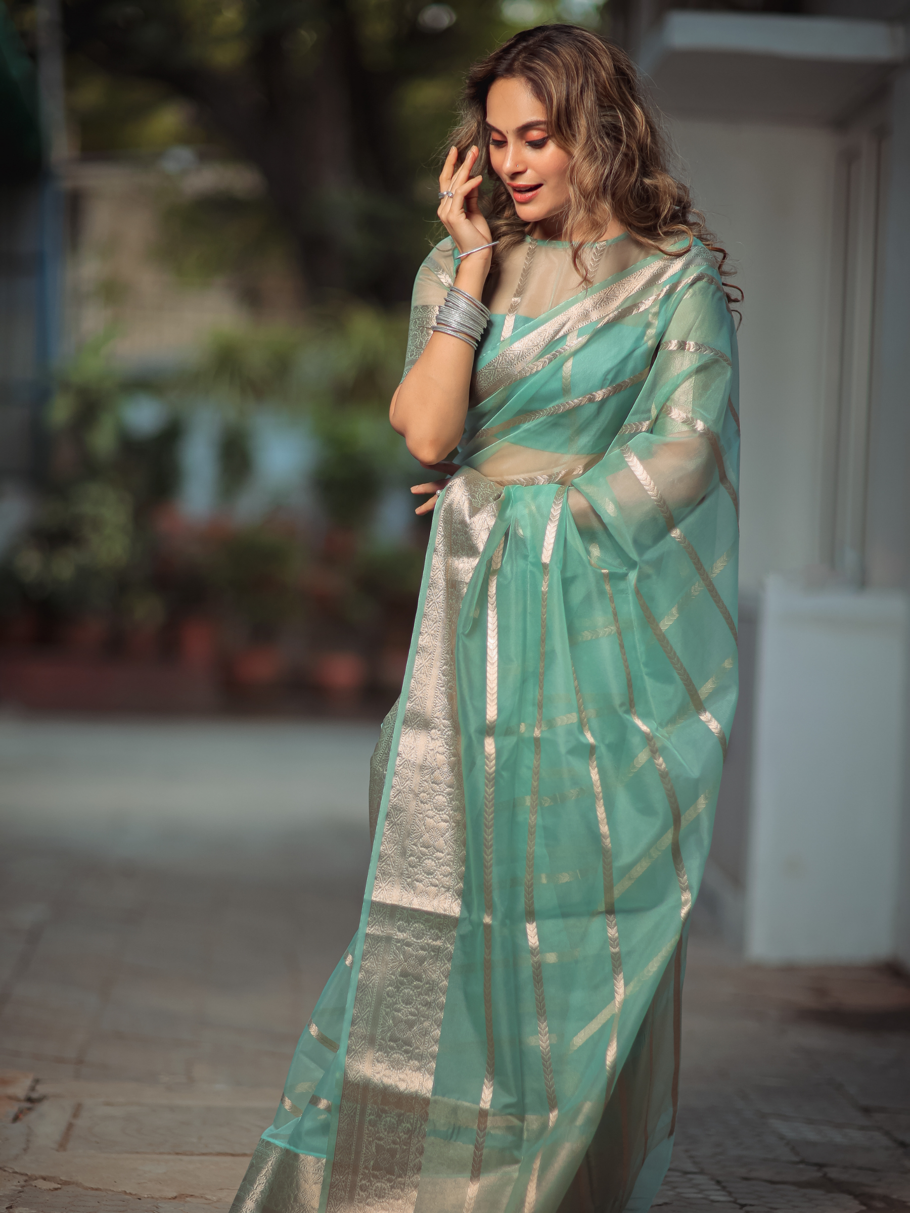 Aqua Aura (Banarasi Semi Georgette Silk Saree + Unstitched Blouse Piece)