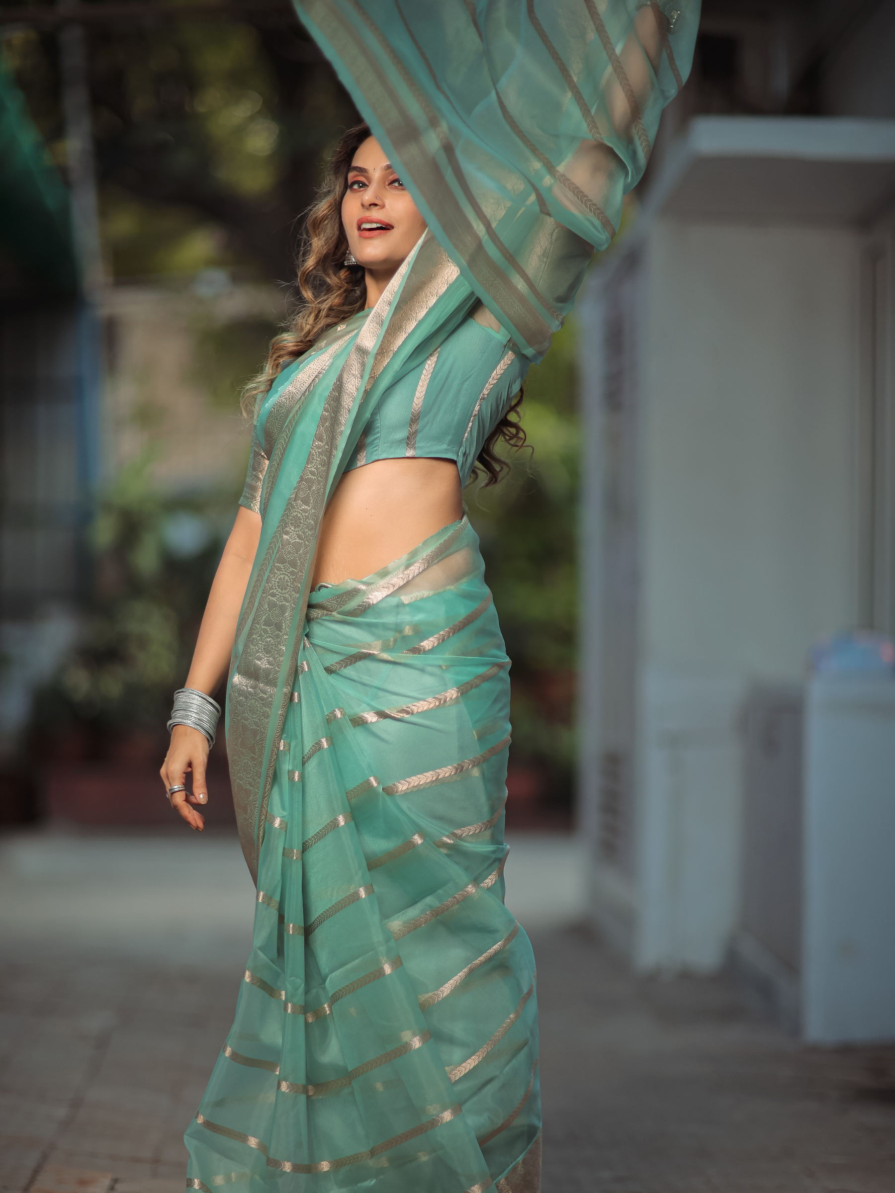 Aqua Aura (Banarasi Semi Georgette Silk Saree + Unstitched Blouse Piece)