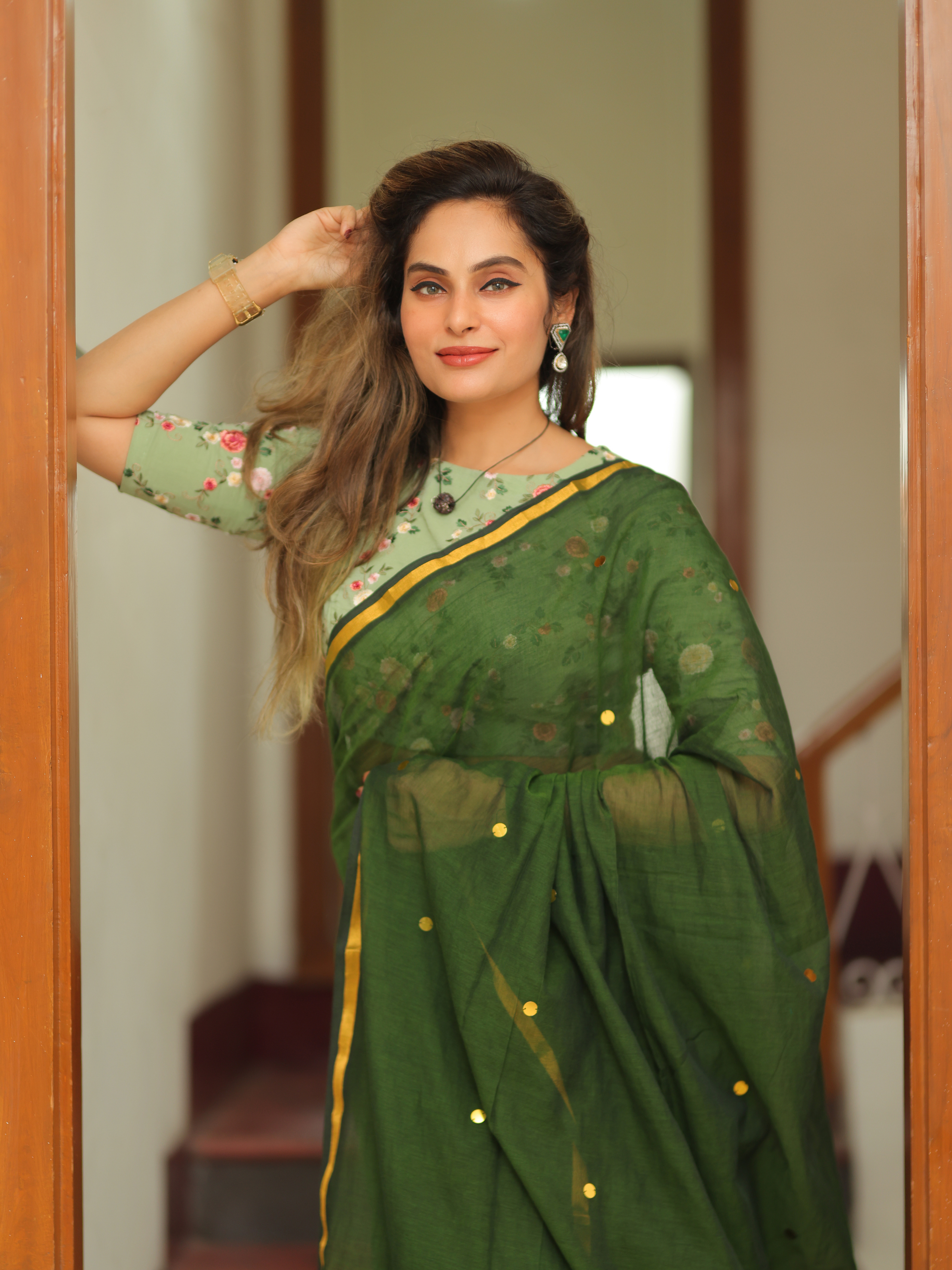 Emerald Chumki (Pure Mul Cotton Saree + Unstitched Blouse Piece)