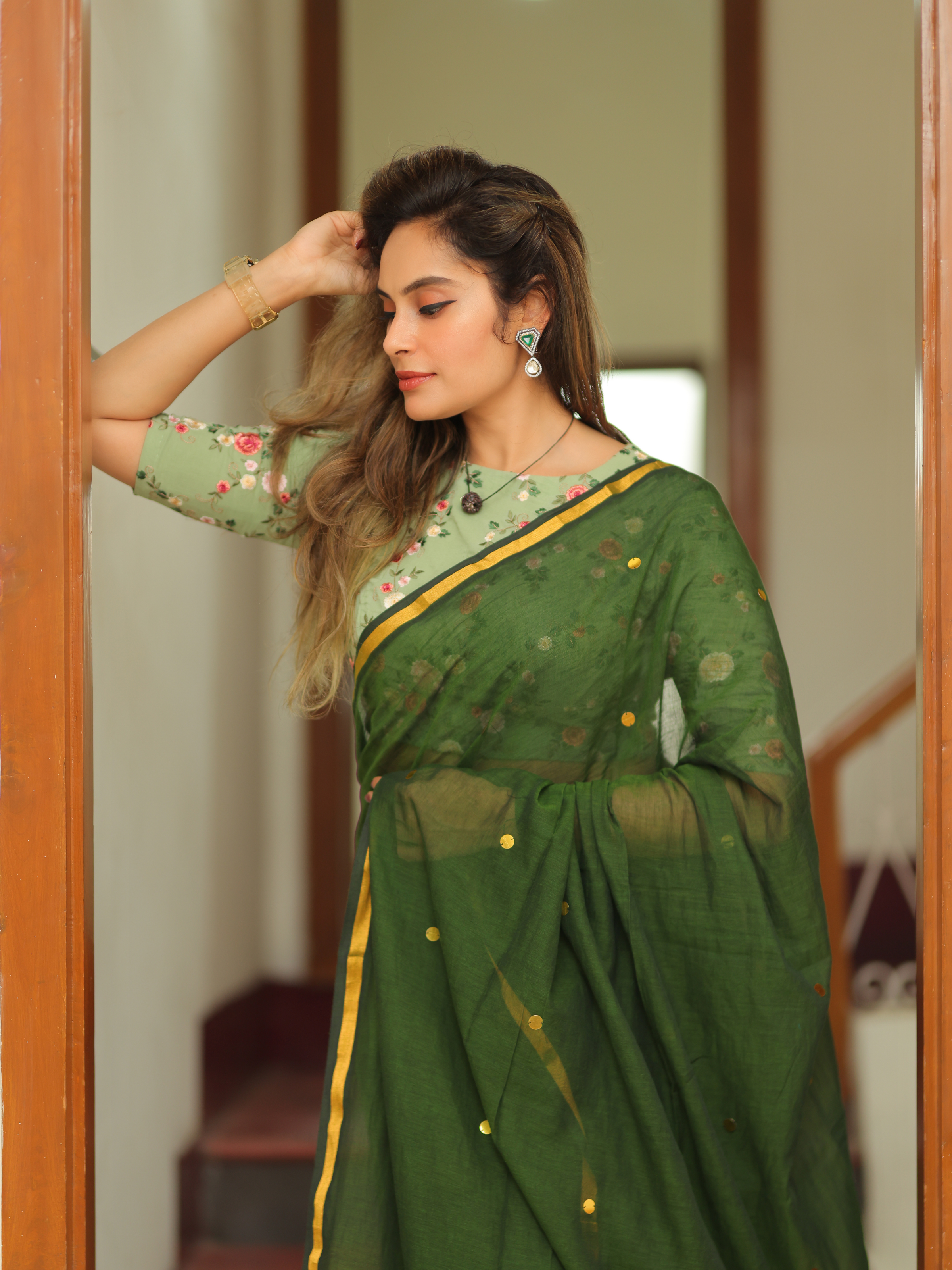 Emerald Chumki (Pure Mul Cotton Saree + Unstitched Blouse Piece)