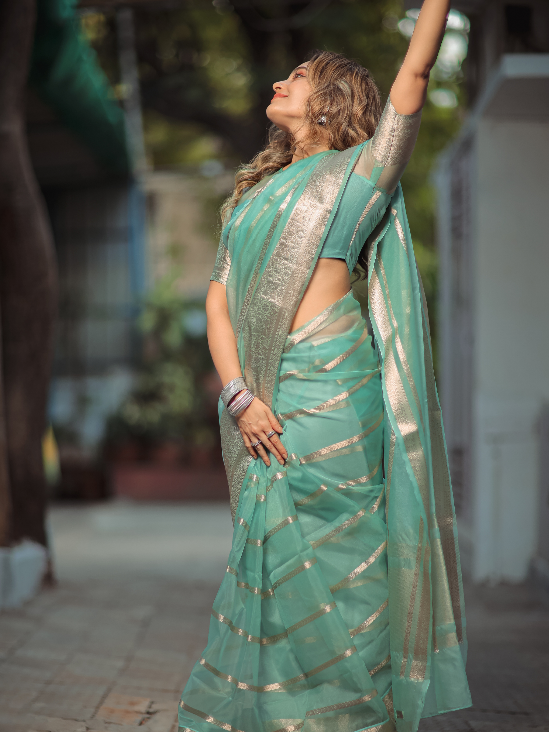 Aqua Aura (Banarasi Semi Georgette Silk Saree + Unstitched Blouse Piece)