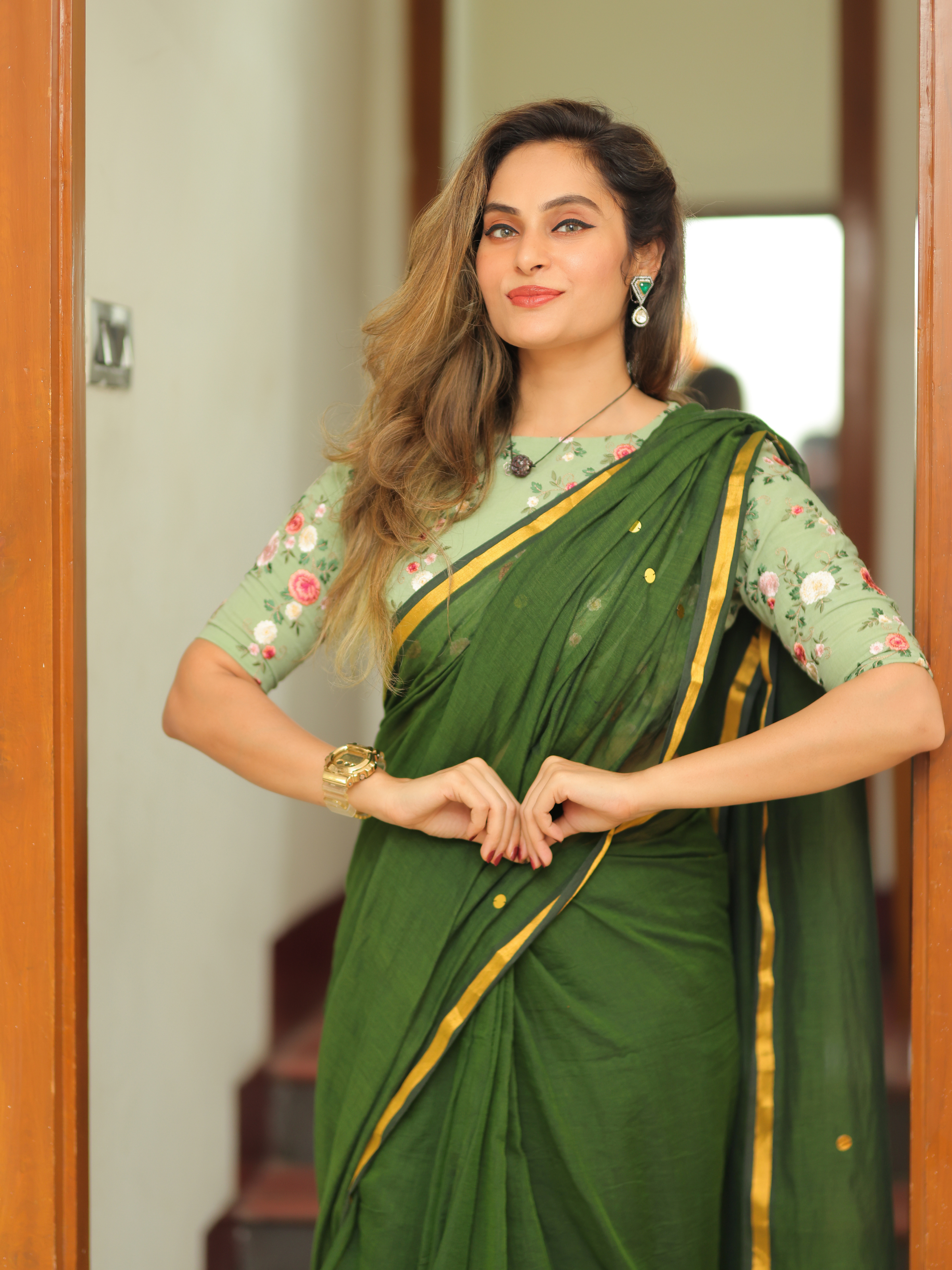 Emerald Chumki (Pure Mul Cotton Saree + Unstitched Blouse Piece)