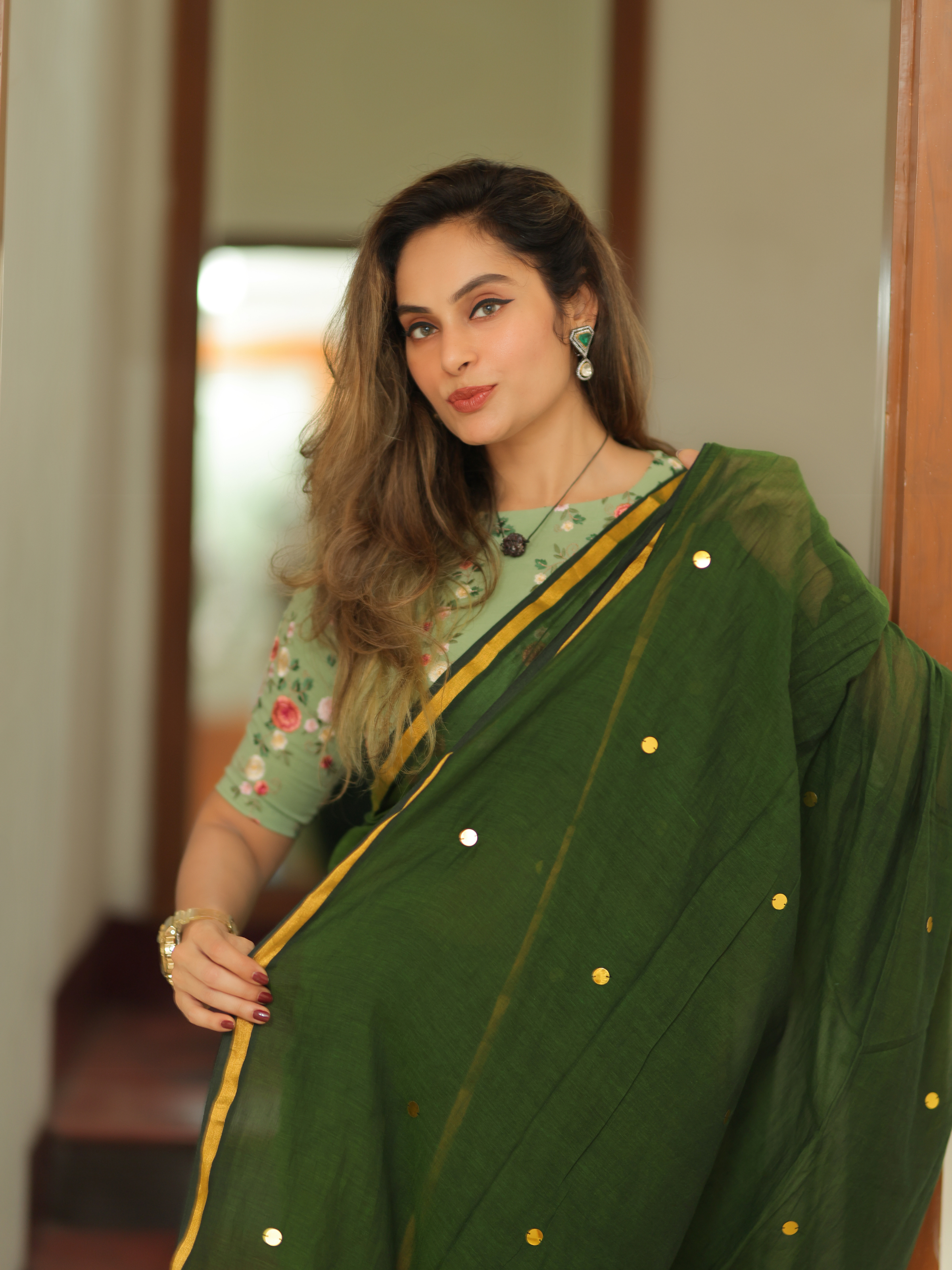 Emerald Chumki (Pure Mul Cotton Saree + Unstitched Blouse Piece)