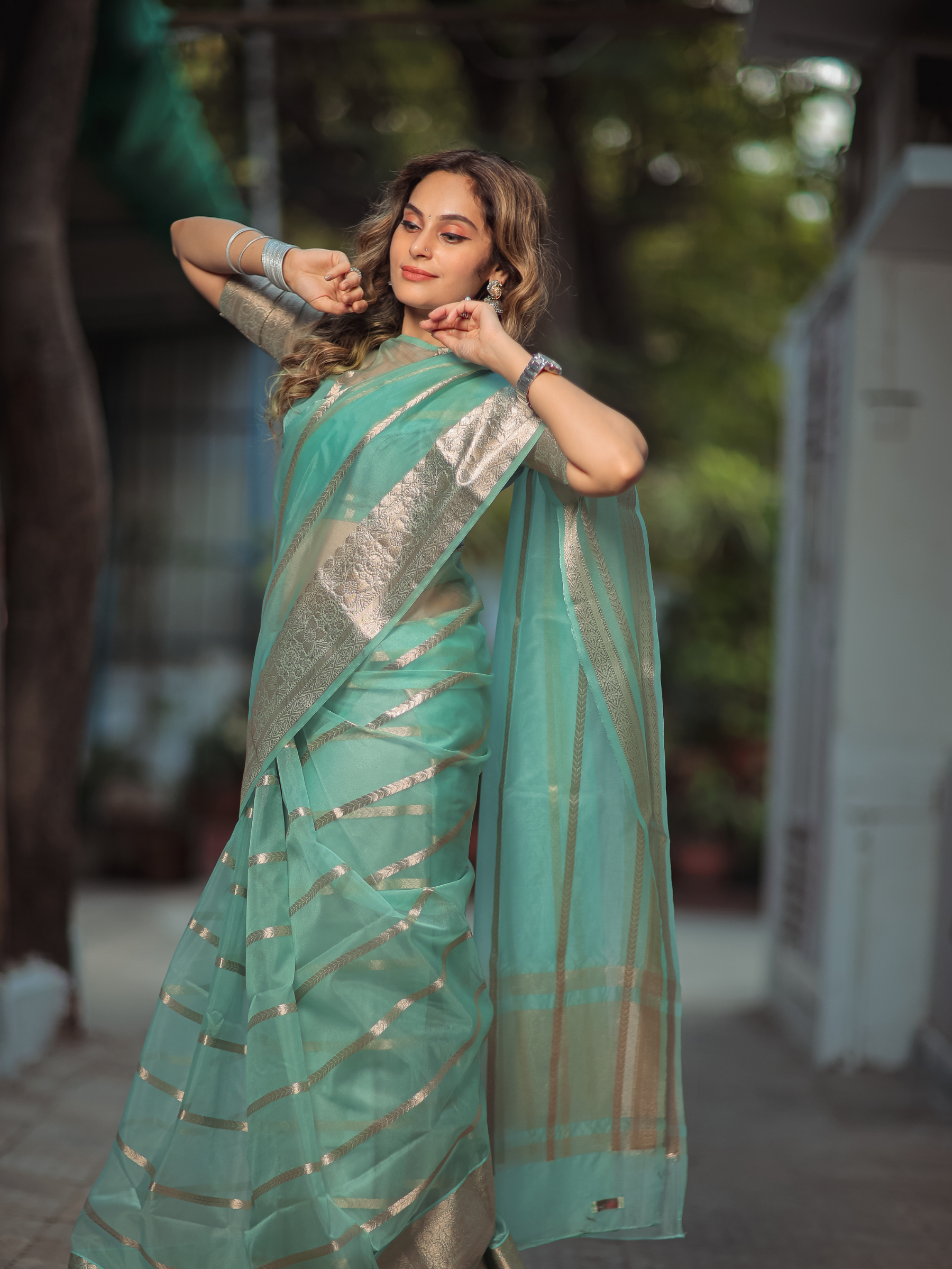 Aqua Aura (Banarasi Semi Georgette Silk Saree + Unstitched Blouse Piece)