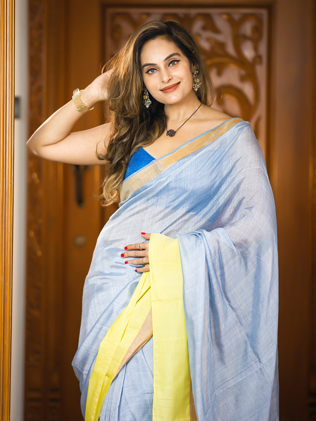 Sky Blue Banarasi Silk Saree With Royal Border Pattu – Tulsi Designer