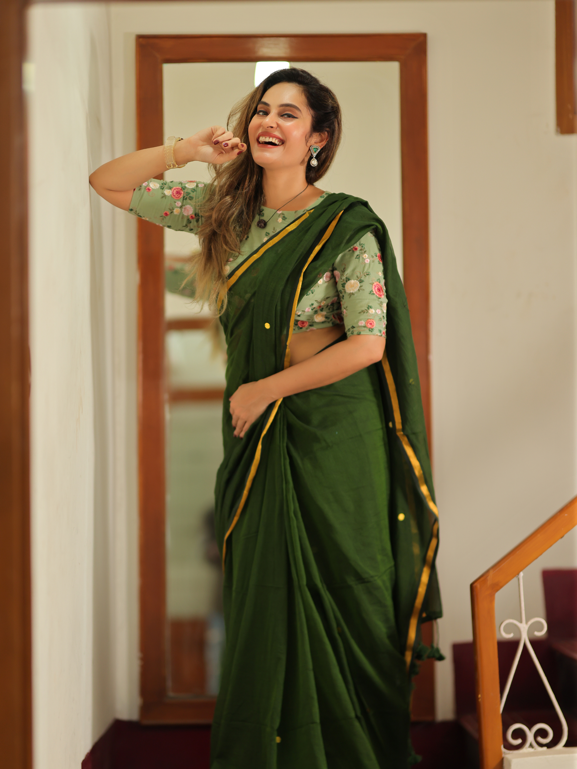 Emerald Chumki (Pure Mul Cotton Saree + Unstitched Blouse Piece)